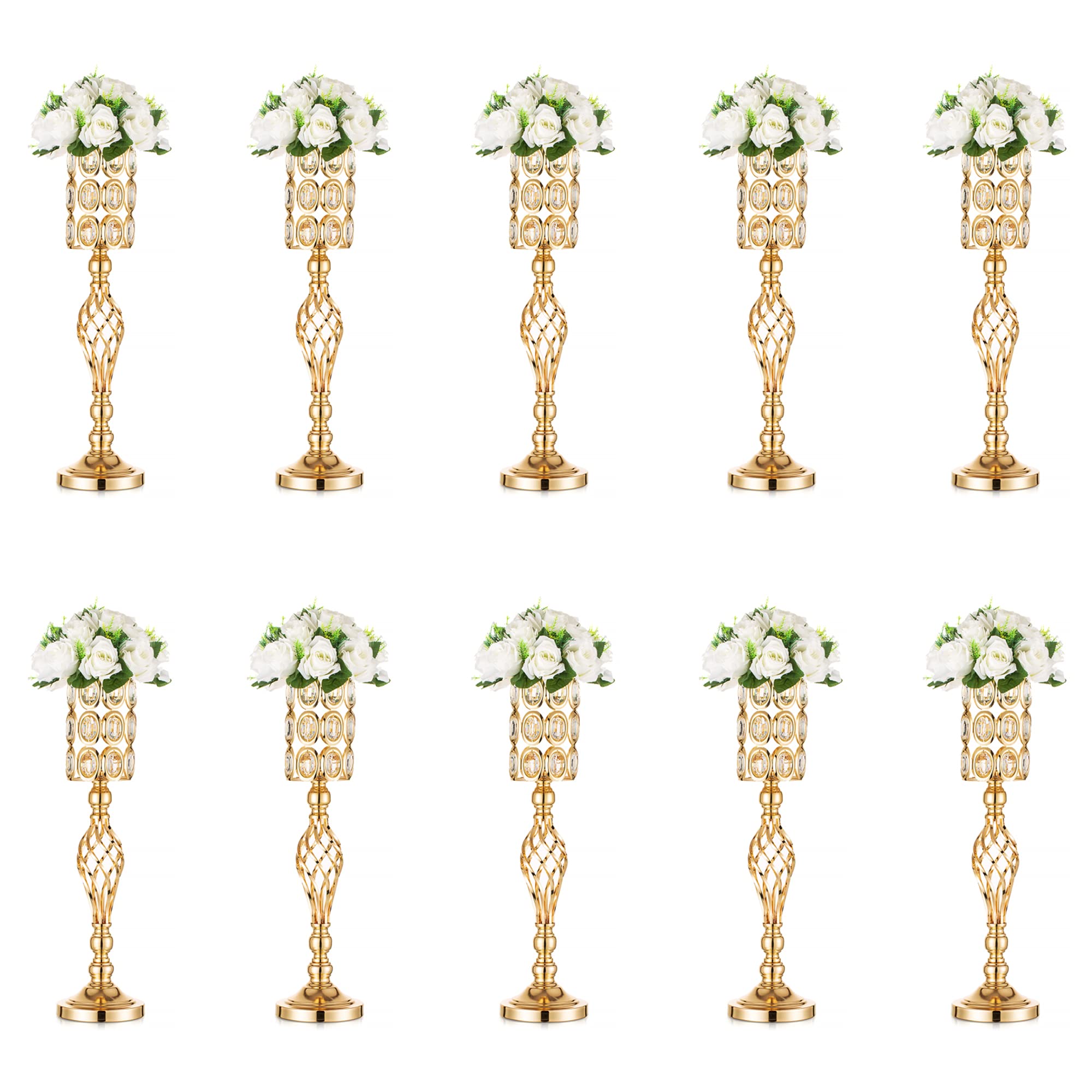 10-Piece Gold Metal Trumpet Vases with Crystal Beads - Elegant Wedding Centerpieces, Home Decor for Tables, Parties & Special Events