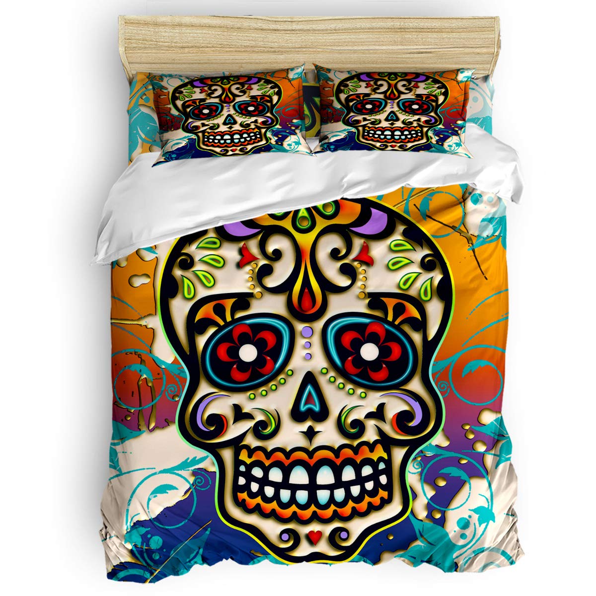 **Printed 4-Piece Duvet Cover Set Queen Size - Sugar Candy Colorful Flowers & Skull Design, Includes Duvet Cover, Fitted Sheet, Pillow Shams - Soft Quilt Bedding Set for Kids & Adults - Perfect for Bedroom, Guest Room & Dorm Decor**