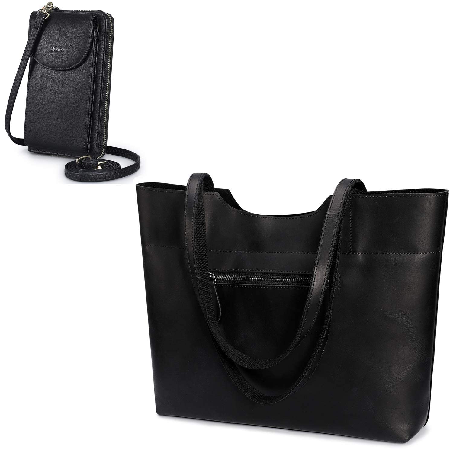 S-ZONE Genuine Leather Tote Bag for Women with RFID Blocking - Stylish Shoulder Purse & Crossbody Phone Wallet Set - Perfect for Work, Travel and Everyday Use
