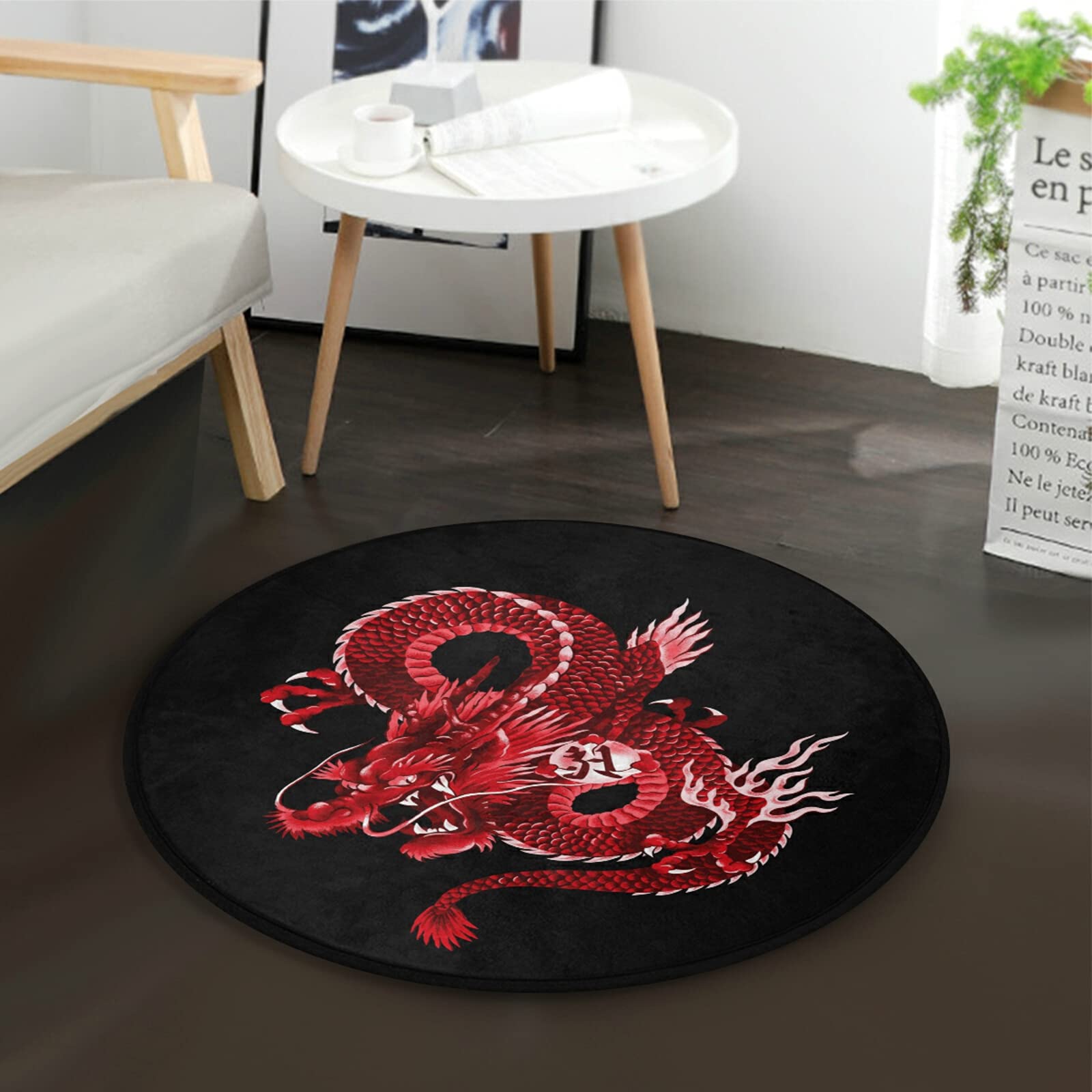 ALAZA Japanese Dragon Black Round Area Rug - 3' Diameter (92 cm) - Non-Slip Floor Mat for Living Room, Bedroom, Dorm | Traditional Asian Home Decor & Meditation Space Accent