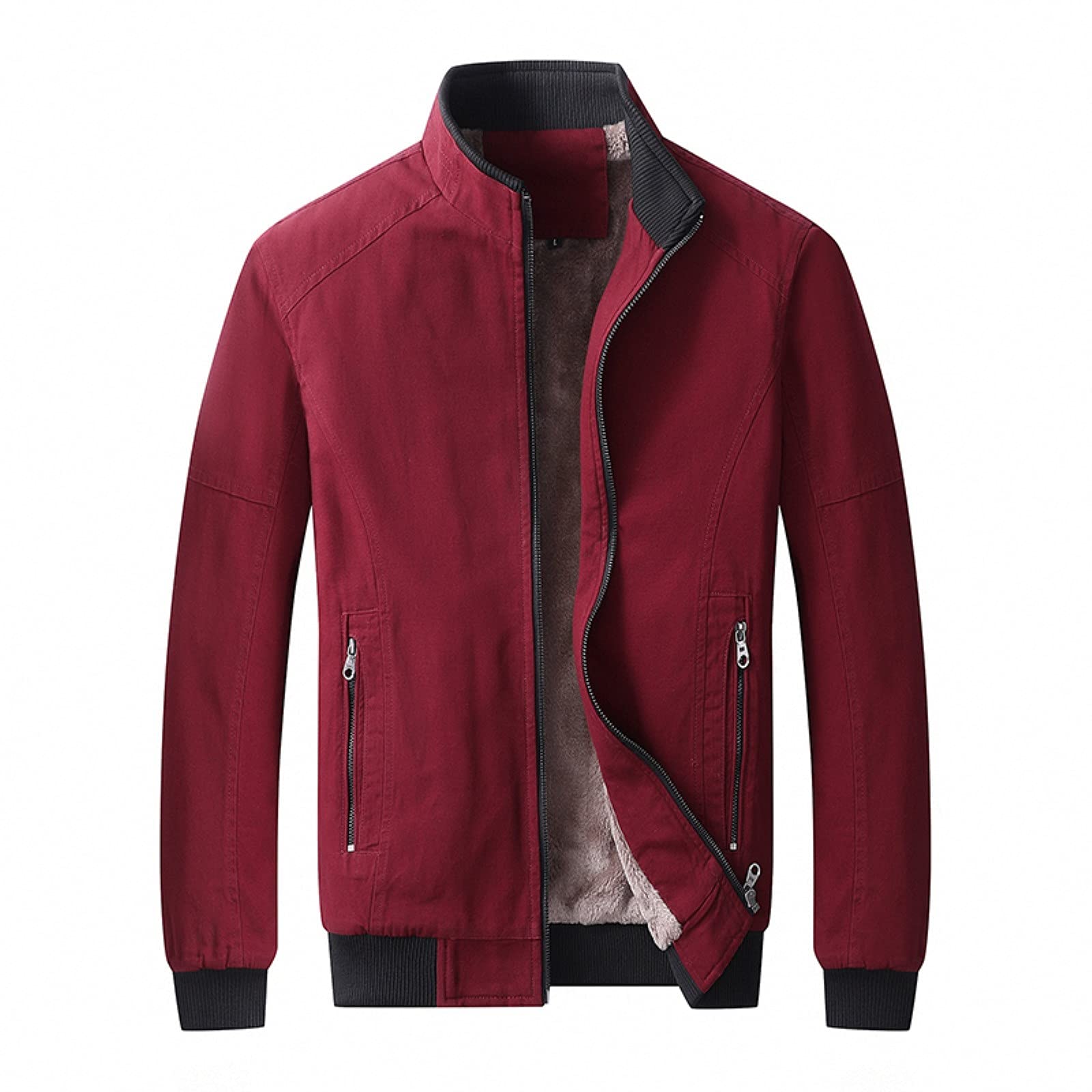 Men's Solid Color Casual Stand-Up Collar Velvet Lined Thick Cotton Washed Jacket for Spring - Warm & Stylish Outerwear for Work, Travel and Daily Wear