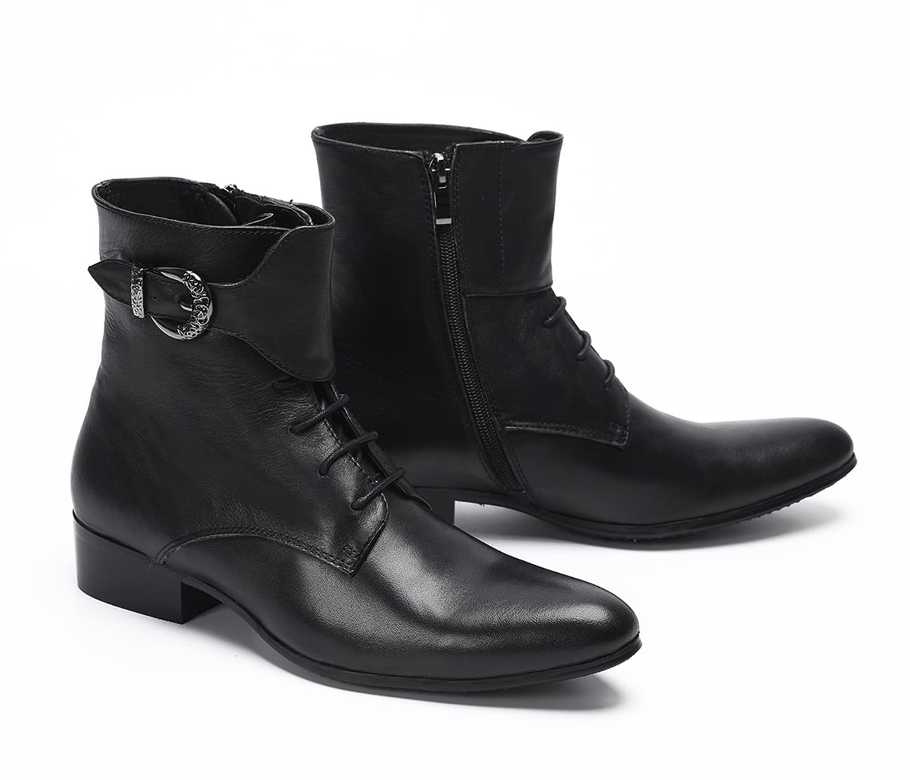 **Santimon Genuine Leather Cowboy Boots for Men - Western Chelsea Boots with Zipper & Buckles | Formal Dress, Casual Party, Prom, Wedding, Ballroom, Motorcycle Riding**