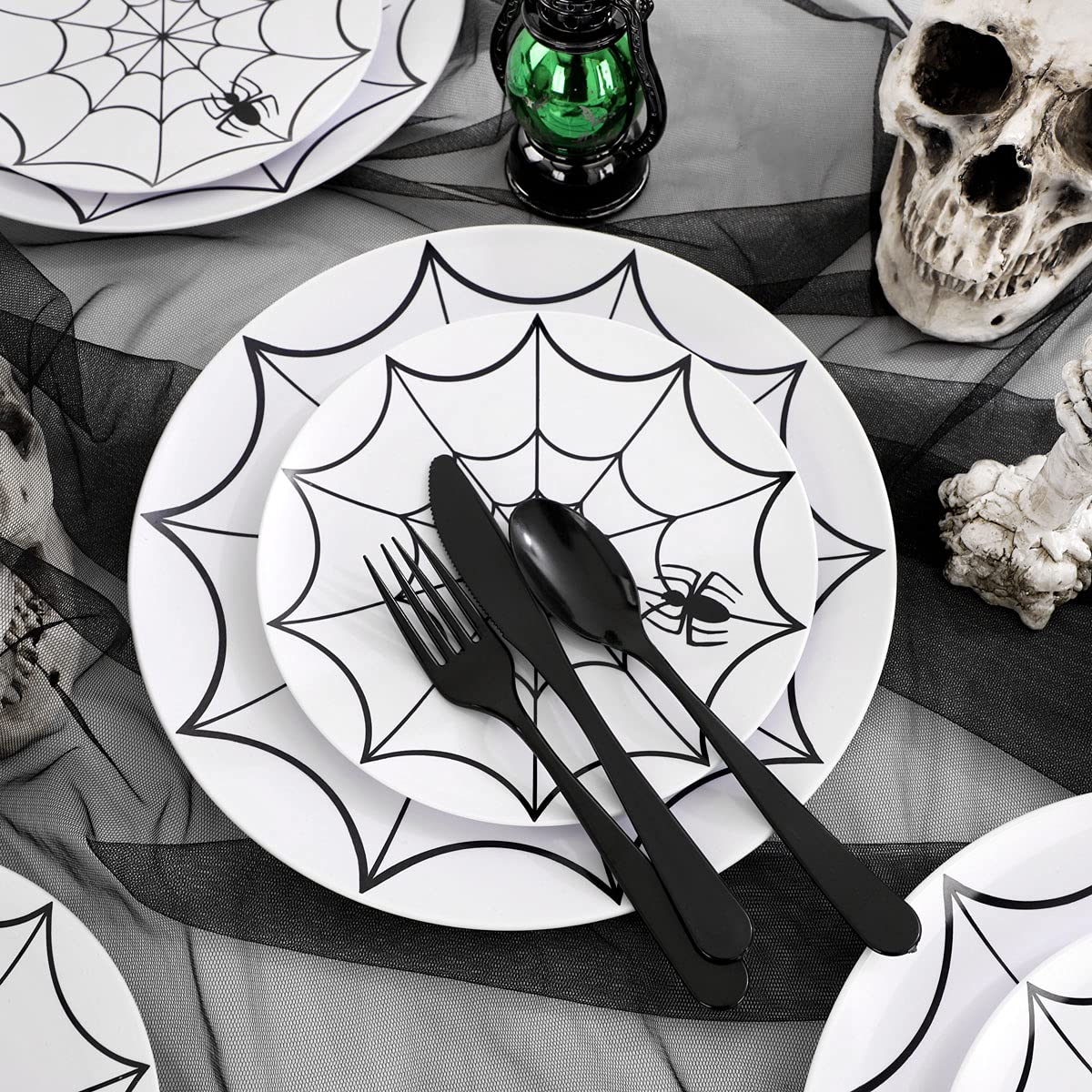 60-Piece Halloween Disposable Plastic Dinnerware Set - 30 White & Black Cobweb 10.25