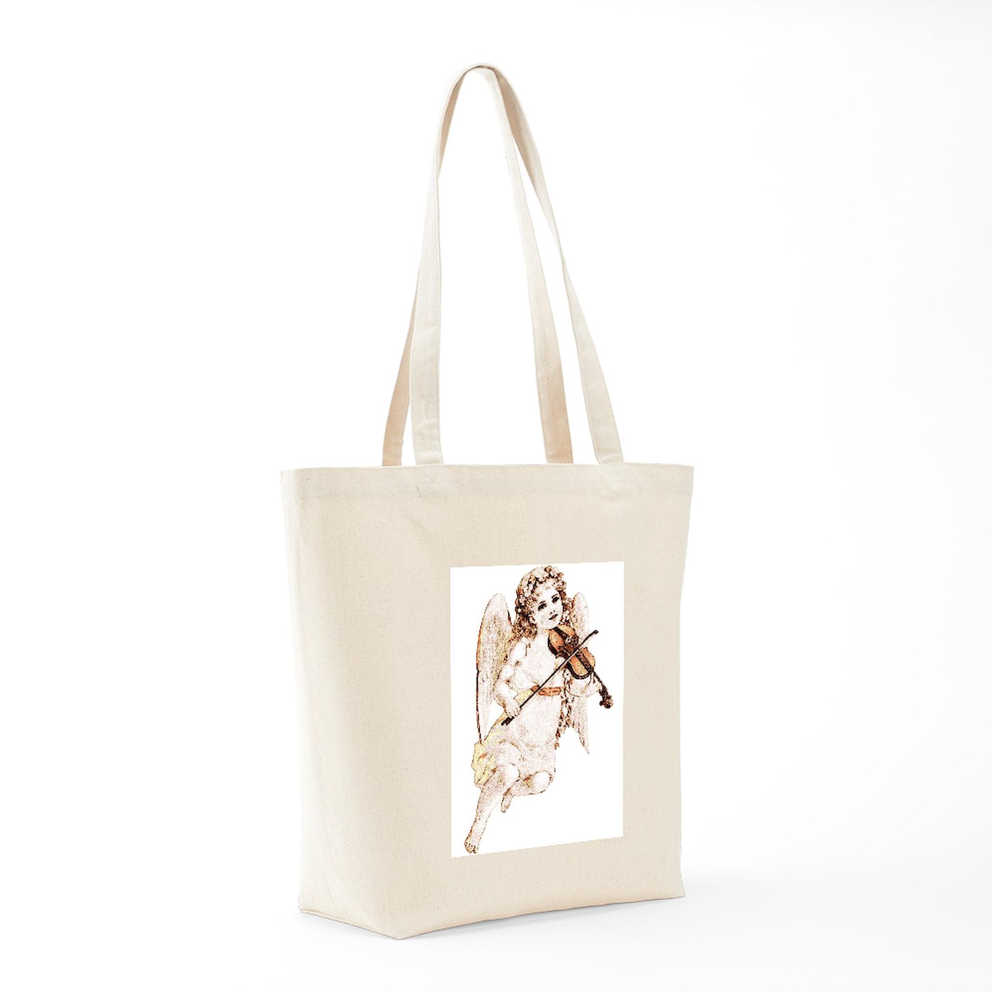 Angel With Violin Tote Bag - Natural Canvas Reusable Shopping Bag for Women, Eco-Friendly Grocery Tote - Perfect for Music Lovers, Church, Bible Study & Farmers Market