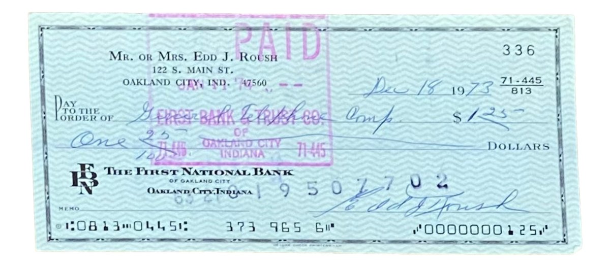 Edd Roush Cincinnati Reds Autographed Bank Check #336 - Authentic MLB Memorabilia for Collectors & Fans - Perfect for Sports Memorabilia Displays & Gifts