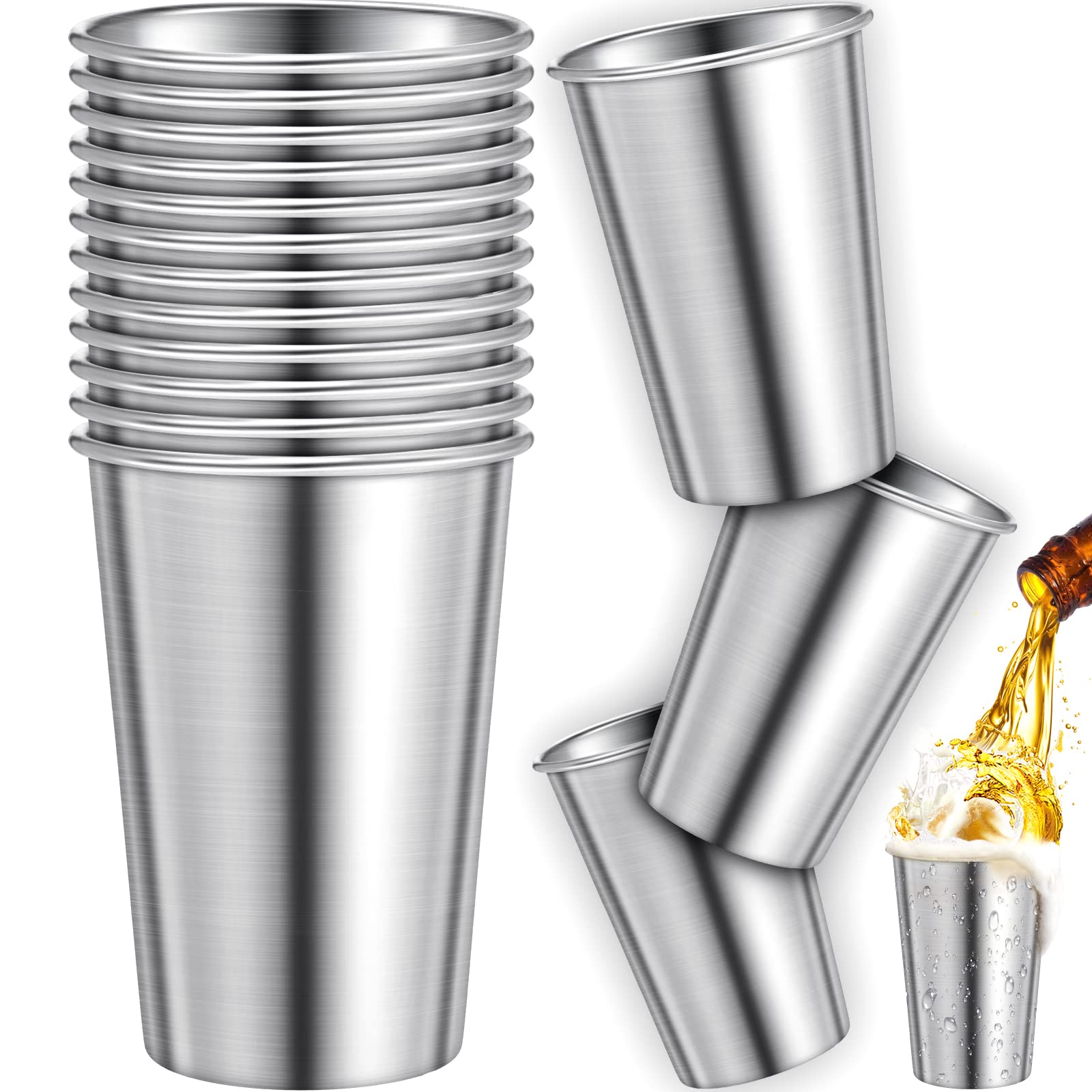 Honeydak 16 Pack 16 oz Stainless Steel Cups - Stackable Metal Camping Tumblers, Shatterproof Drinking Glasses for Adults | Perfect for Travel, Outdoor Adventures, Camping, Picnics, BBQs & Everyday Use