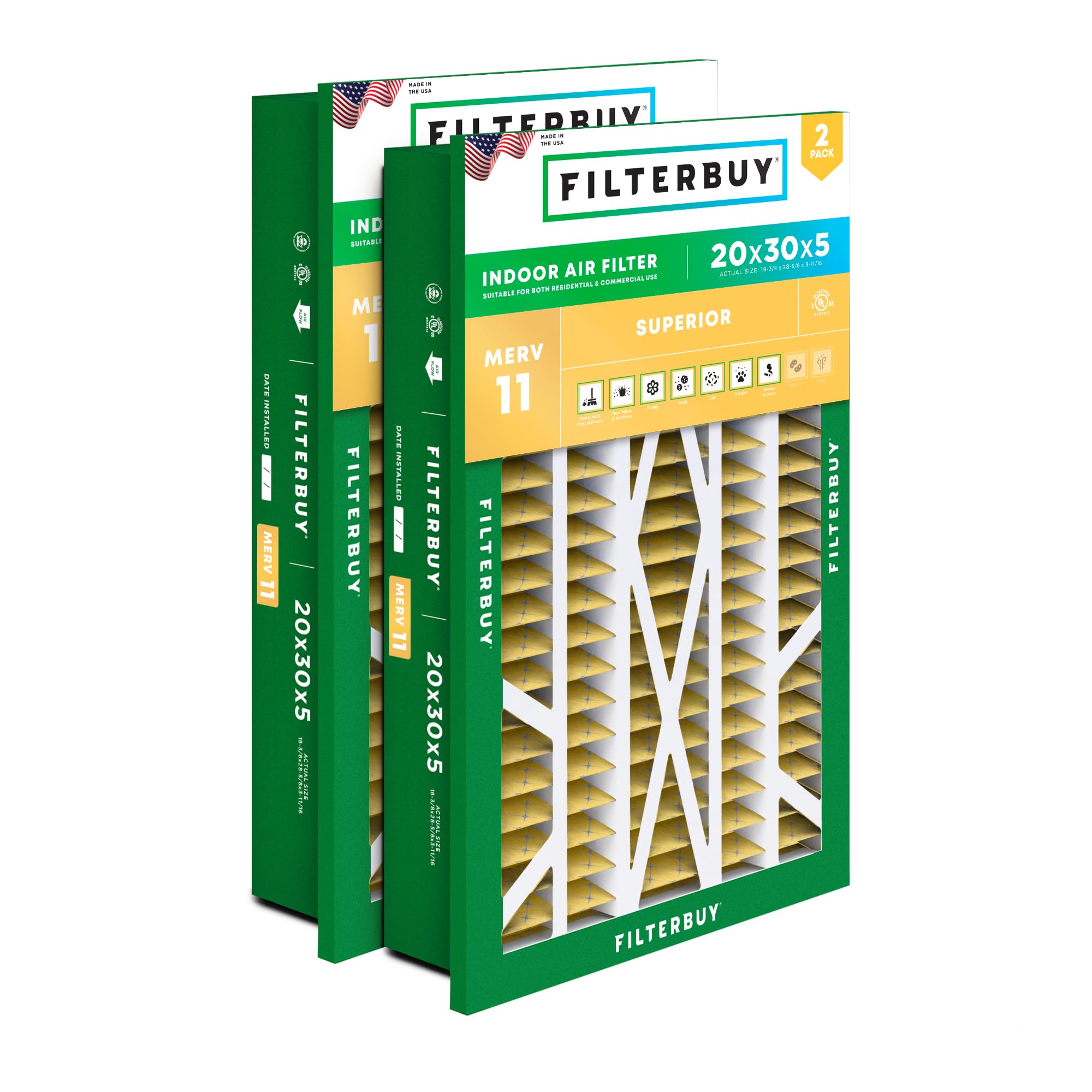 Filterbuy 20x30x5 MERV 11 Air Filter (2-Pack) - High Efficiency HVAC Furnace & AC Replacement Filters for Allergen Defense, Fits Honeywell Return Grilles (Actual Size: 18.38