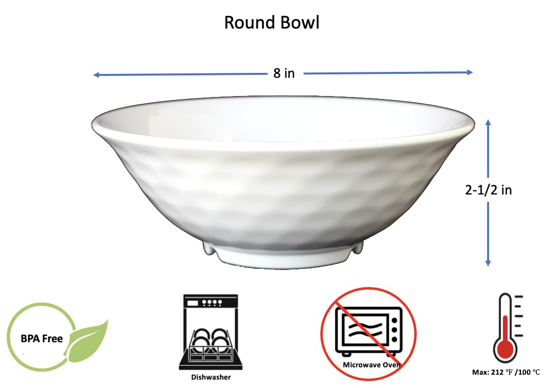 12-Pack 8-Inch White Melamine Bowls for Noodle Soup, Rice, Salad & Sauce – 30 oz Capacity – Durable & Lightweight for Restaurants, Picnics & Outdoor Dining