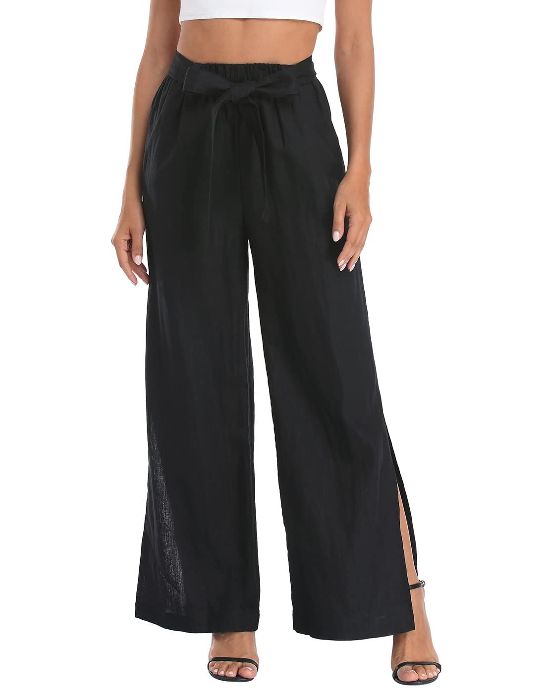 Women's Linen Wide Leg Palazzo Pants - High Waist Paperbag Boho Pants with Pockets - Comfortable Flowery Summer Pants for Beach, Vacation & Casual Wear