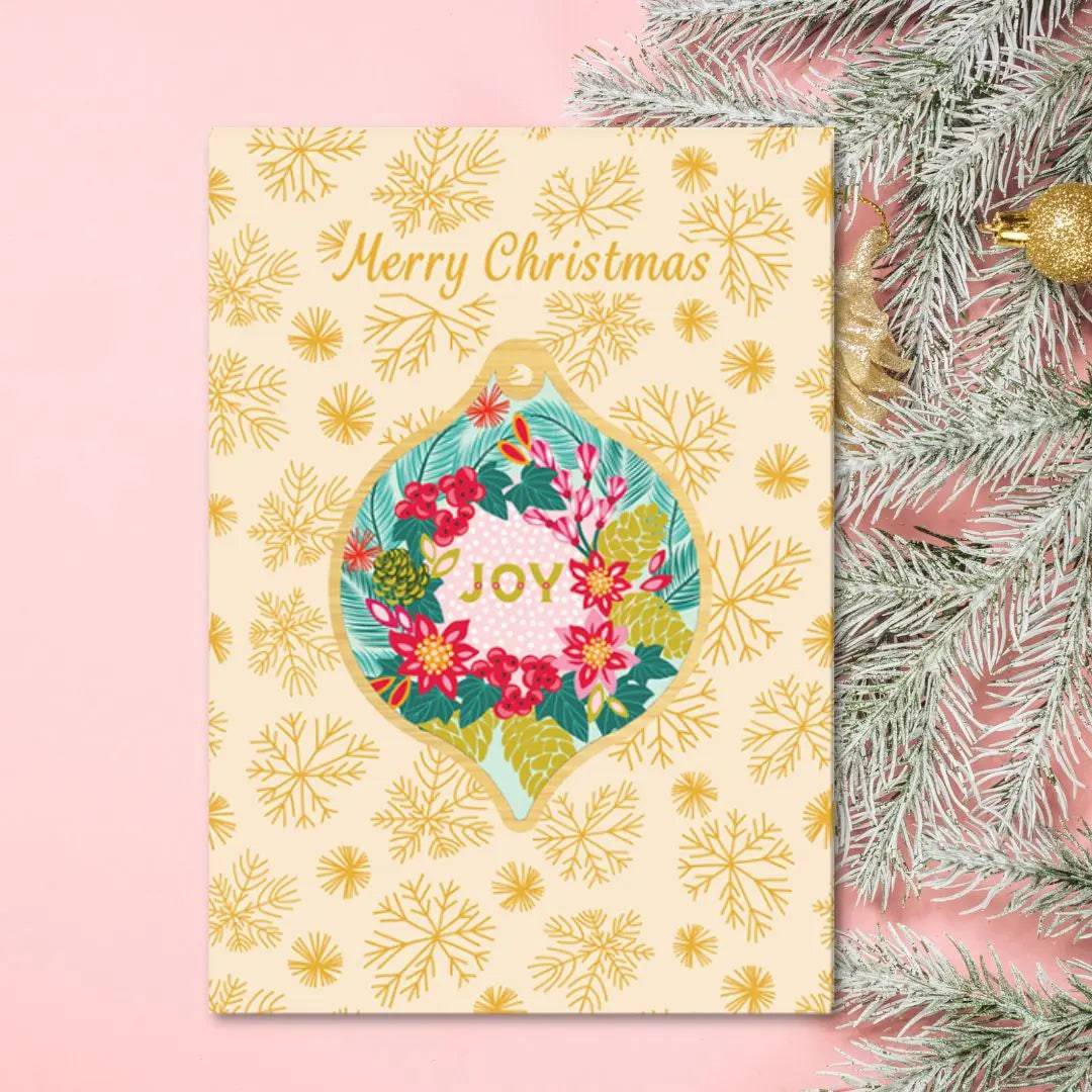 Joy Christmas Card & Wooden Bauble Set - Handmade Holiday Greeting Cards with Wood Ornaments for Xmas Tree Decorations - Perfect for Holiday Gifts, Home Decor and Christmas Party Favors