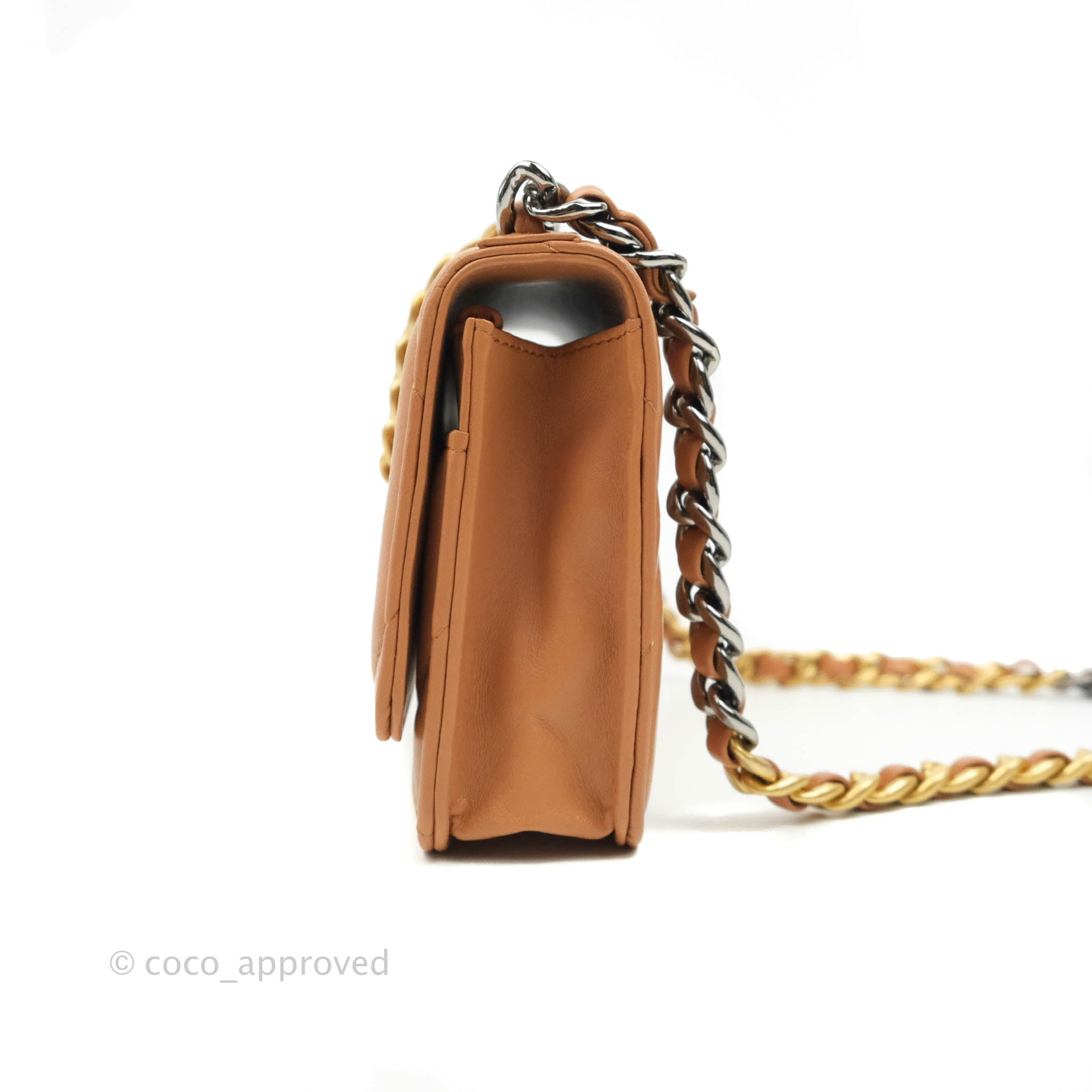 Chanel 19 Wallet on Chain WOC Bag - Dark Beige Caramel Lambskin Leather with Mixed Gold/Silver Hardware | 21K Collection | Perfect for Evening Events, Date Nights & Luxury Fashion Accessories