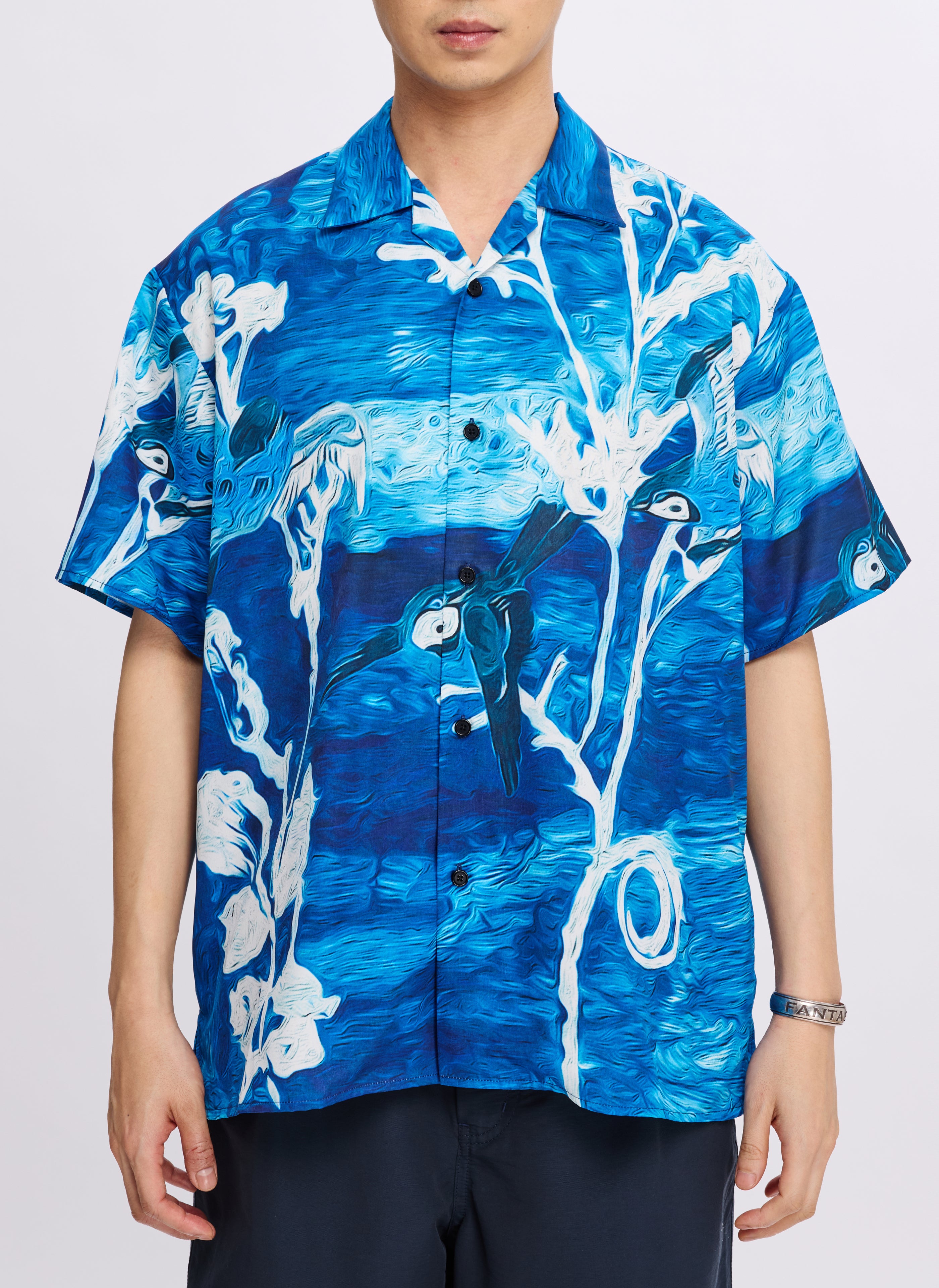 Stylish Polyester Indigo Oriental Short Sleeve Open Collar Shirt for Men - Perfect for Casual Wear, Summer Outfits & Asian-Inspired Fashion