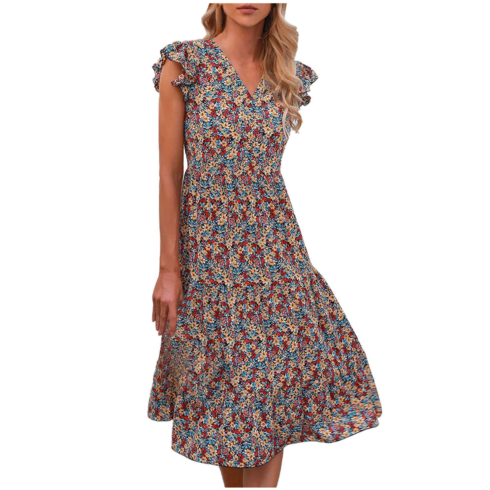 Cllios Women's Floral Print Ruffle Sleeve A-Line Dress - V-Neck Sleeveless Summer Casual Dress for Party, Wedding & Vacation