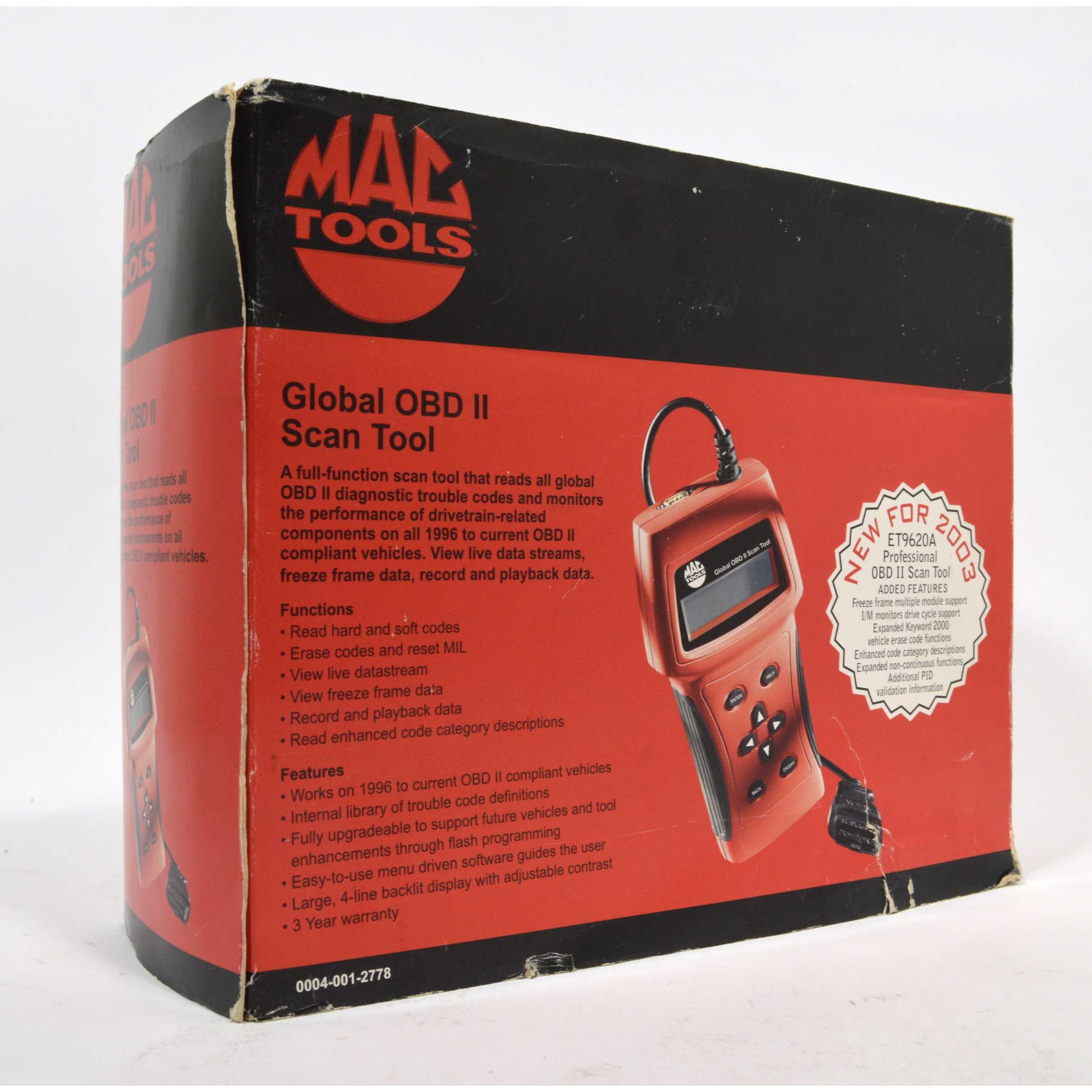 New (Open Box) MAC TOOLS GLOBAL OBD II SCAN TOOL Set #ET9620 A 2003 Version - Professional Automotive Diagnostic Scanner for Car, Truck & SUV Repair - Perfect for Mechanics & DIY Enthusiasts