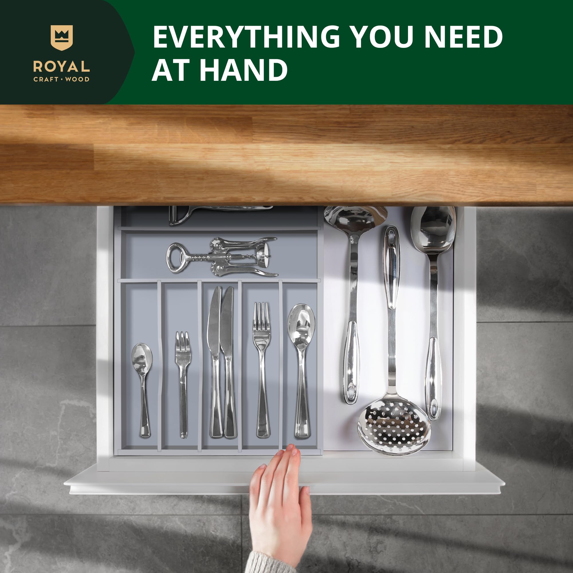 Premium Bamboo Kitchen Drawer Organizer - 7-Slot Silverware & Utensil Holder with Adjustable Dividers for Forks, Spoons, Knives | Gray Cutlery Tray for Kitchen Organization | Perfect for Home, Restaurant & Office Use