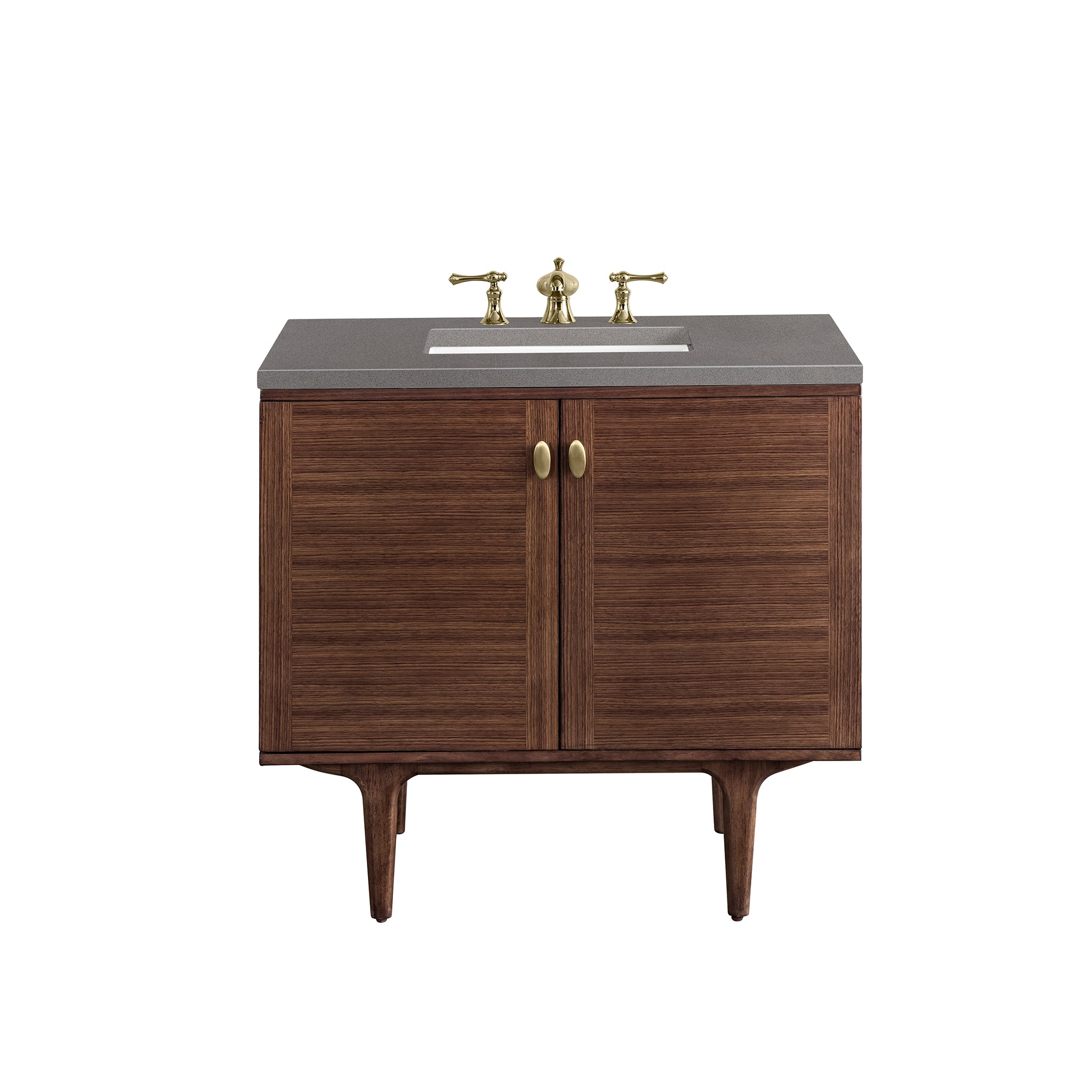 Amberly 36 Inch Single Bathroom Vanity - Mid Century Modern Walnut Wood with 3CM Gray Expo Top for Small Bathroom & Powder Room Remodel