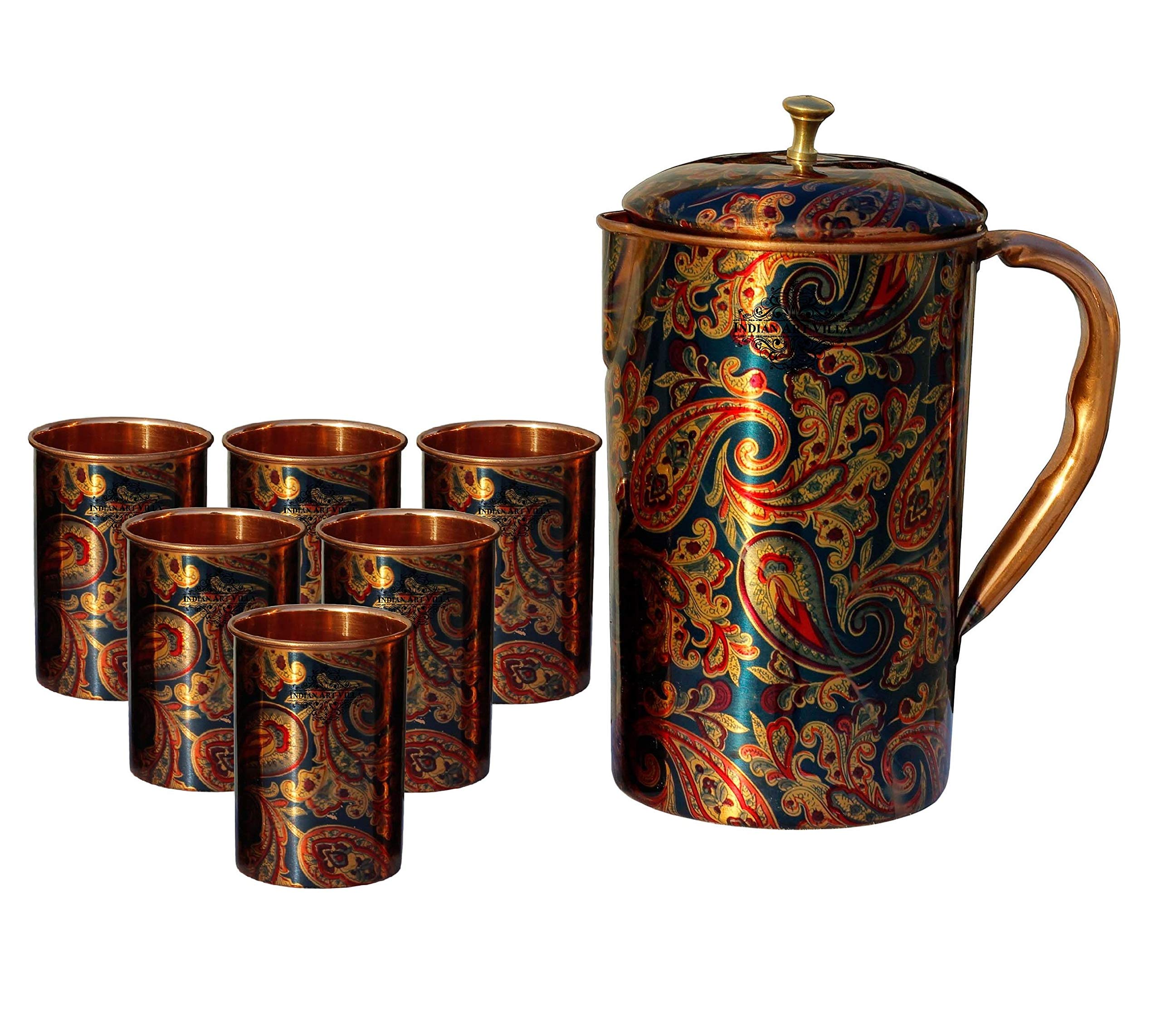 Premium Indian Art Villa Blue Printed Pure Copper Water Jug & Glass Set - 50 Oz Jug & 10 Oz Glasses (7-Piece) for Home Decor, Traditional Serving & Gift Giving