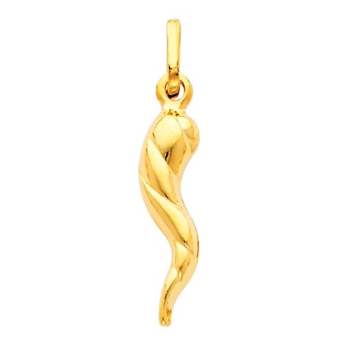 14K Yellow Gold Twisted Cornicello Italian Horn Pendant Necklace with 0.65mm Box Chain - Authentic Italian Charm Jewelry for Good Luck & Protection - Perfect Gift for Birthday, Anniversary and Special Occasions