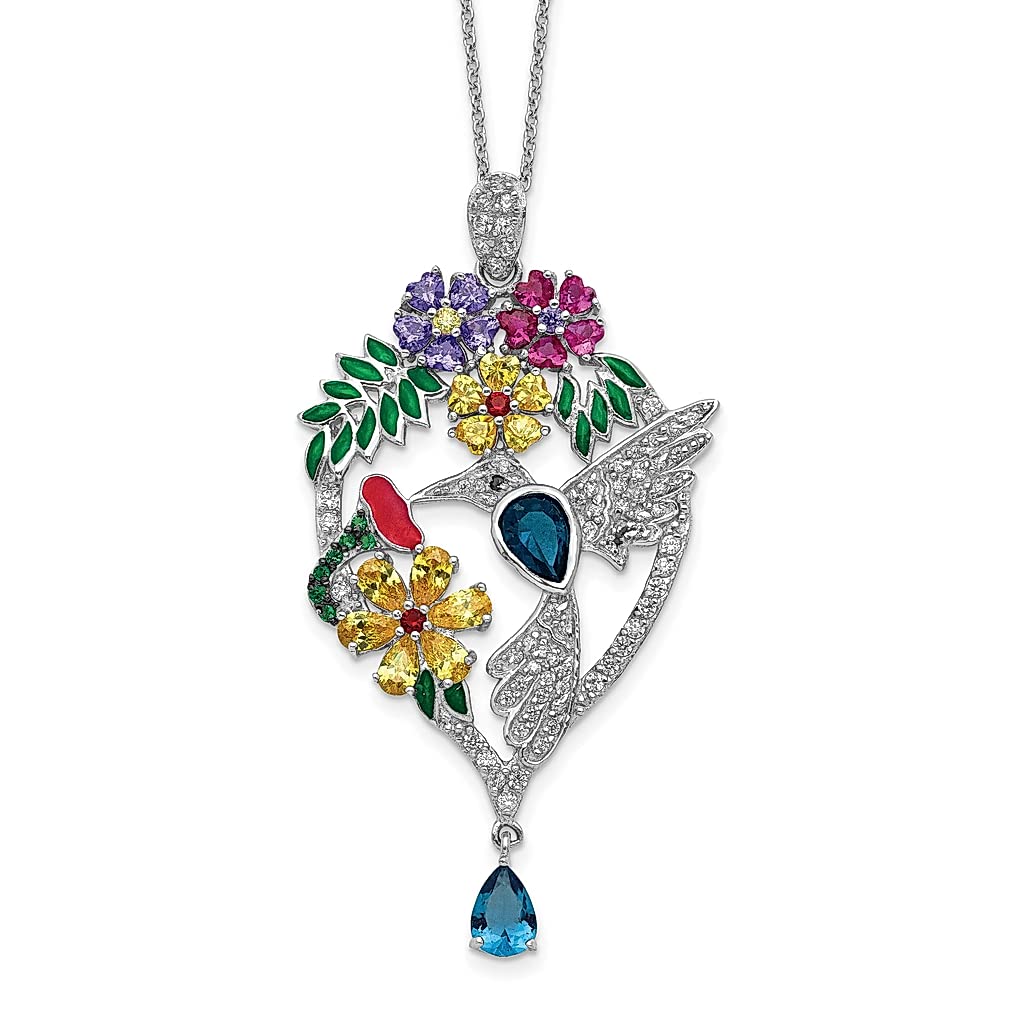 925 Sterling Silver Enameled Floral Hummingbird Pendant Necklace - 18