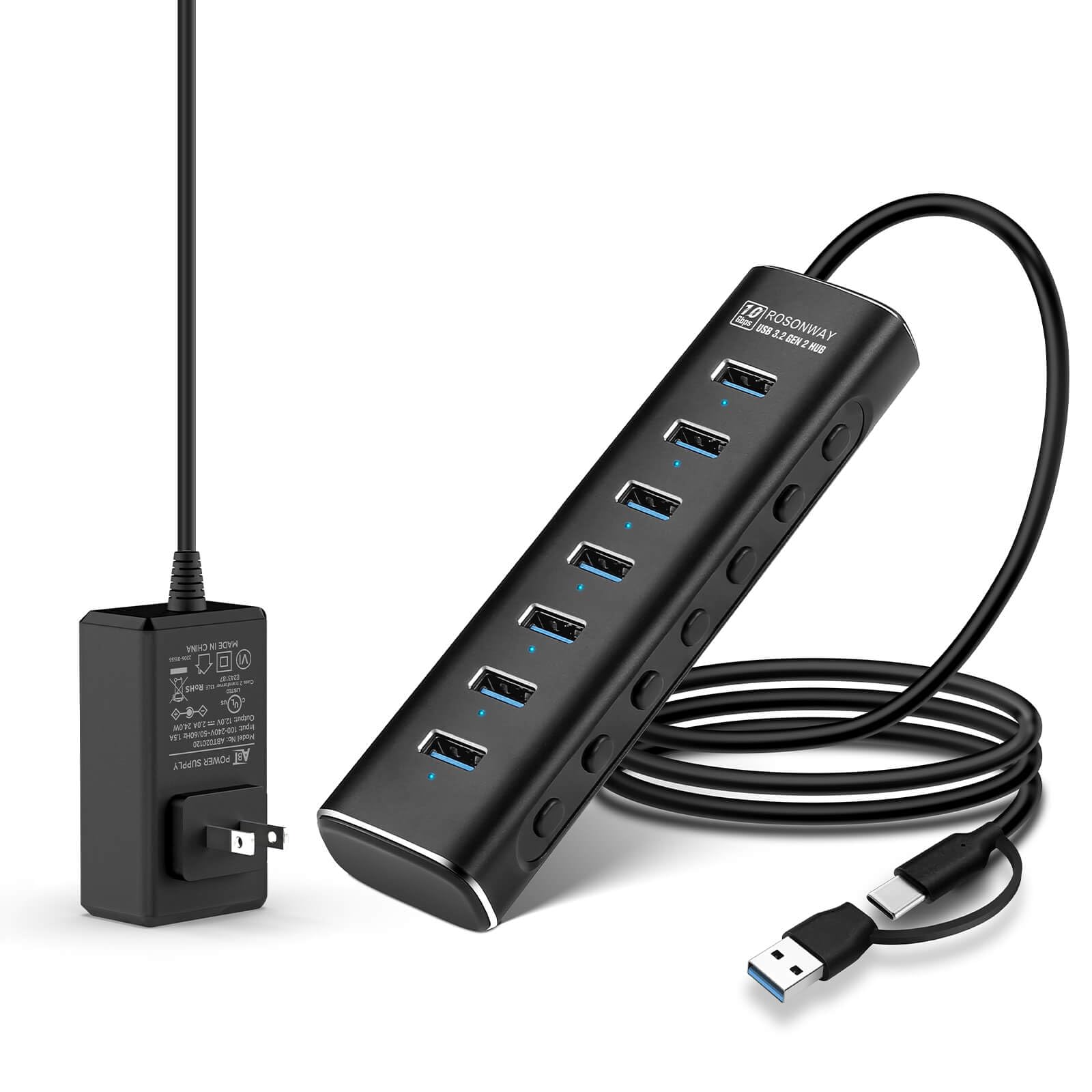 Rosonway 7-Port USB 3.2 Gen 2 Hub with 10Gbps Speed, Individual Power Switches & 24W Adapter - Aluminum USB-C Hub for Laptop, PC, MacBook - Ideal for Home Office, Gaming Setup & Multi-Device Charging Station