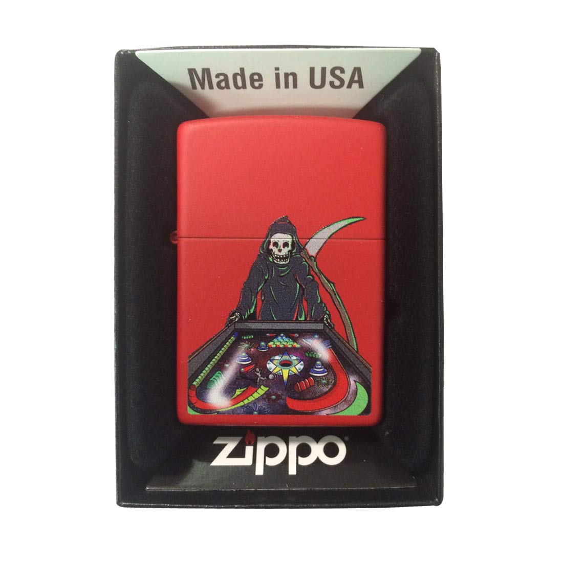 Custom Zippo Lighter - Red Matte Pinball Death Scythe Design | Windproof Metal Lighter for Collectors, Smokers & Outdoor Enthusiasts | Perfect for Camping, Hiking & Everyday Carry