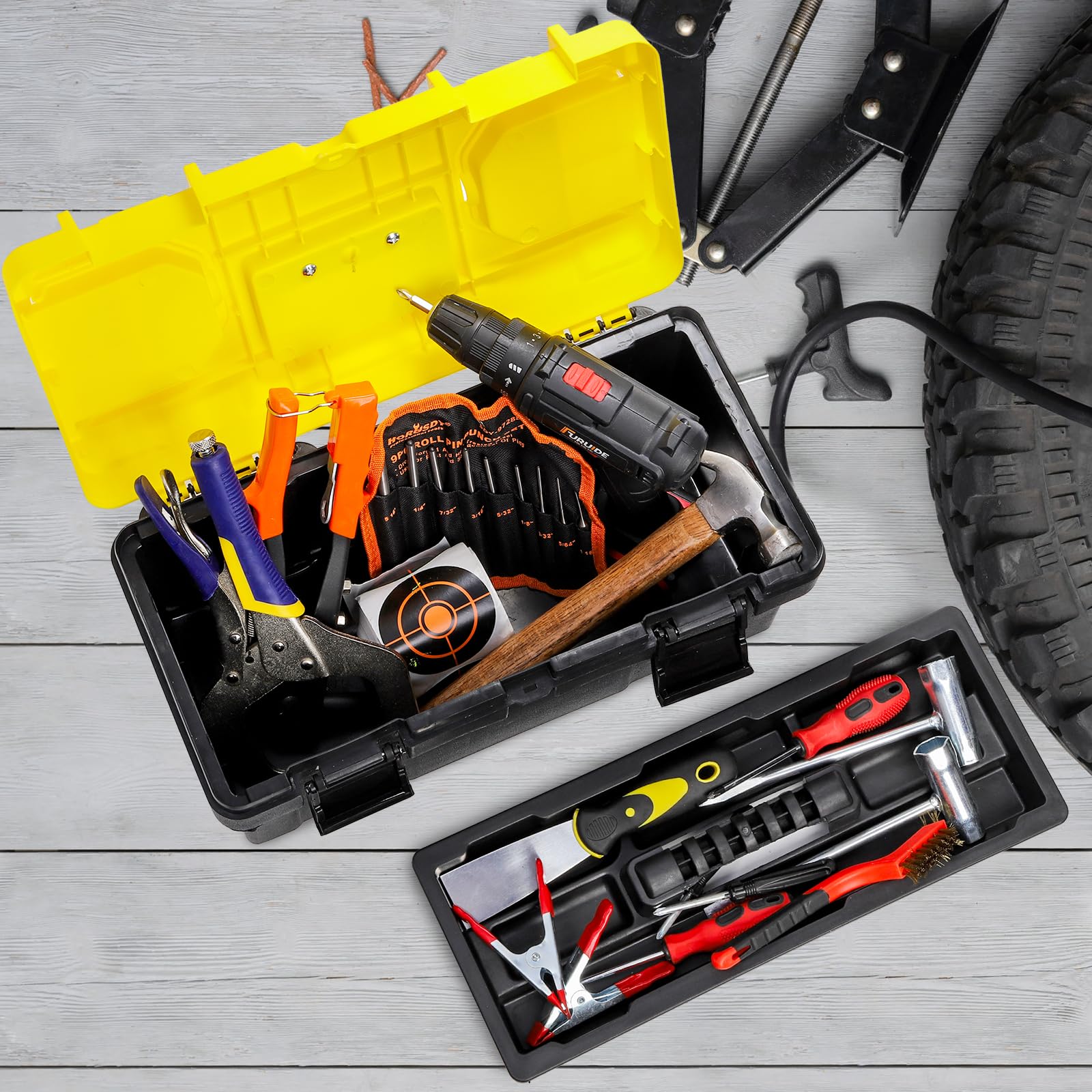 16-Inch Heavy Duty Plastic Tool Box with Handle & Removable Tray - Portable Tool Organizer for Home, Garage, Workshop & DIY Projects - Durable Black & Yellow Storage Case for Tools, Hardware & Supplies