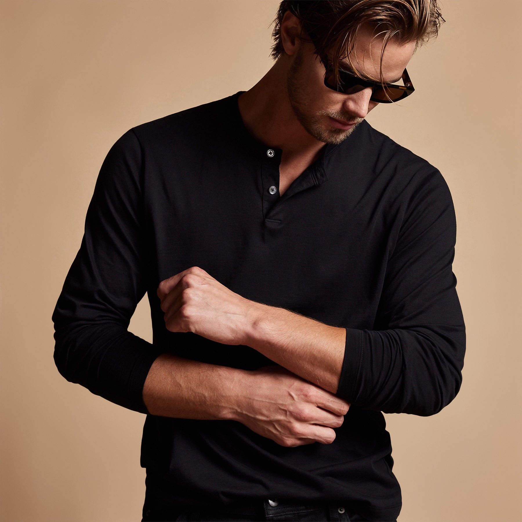 Brushed Lotus Henley Shirt for Men - Soft Cotton Long Sleeve Button Down Top - Black - Perfect for Casual Wear, Office, and Date Nights