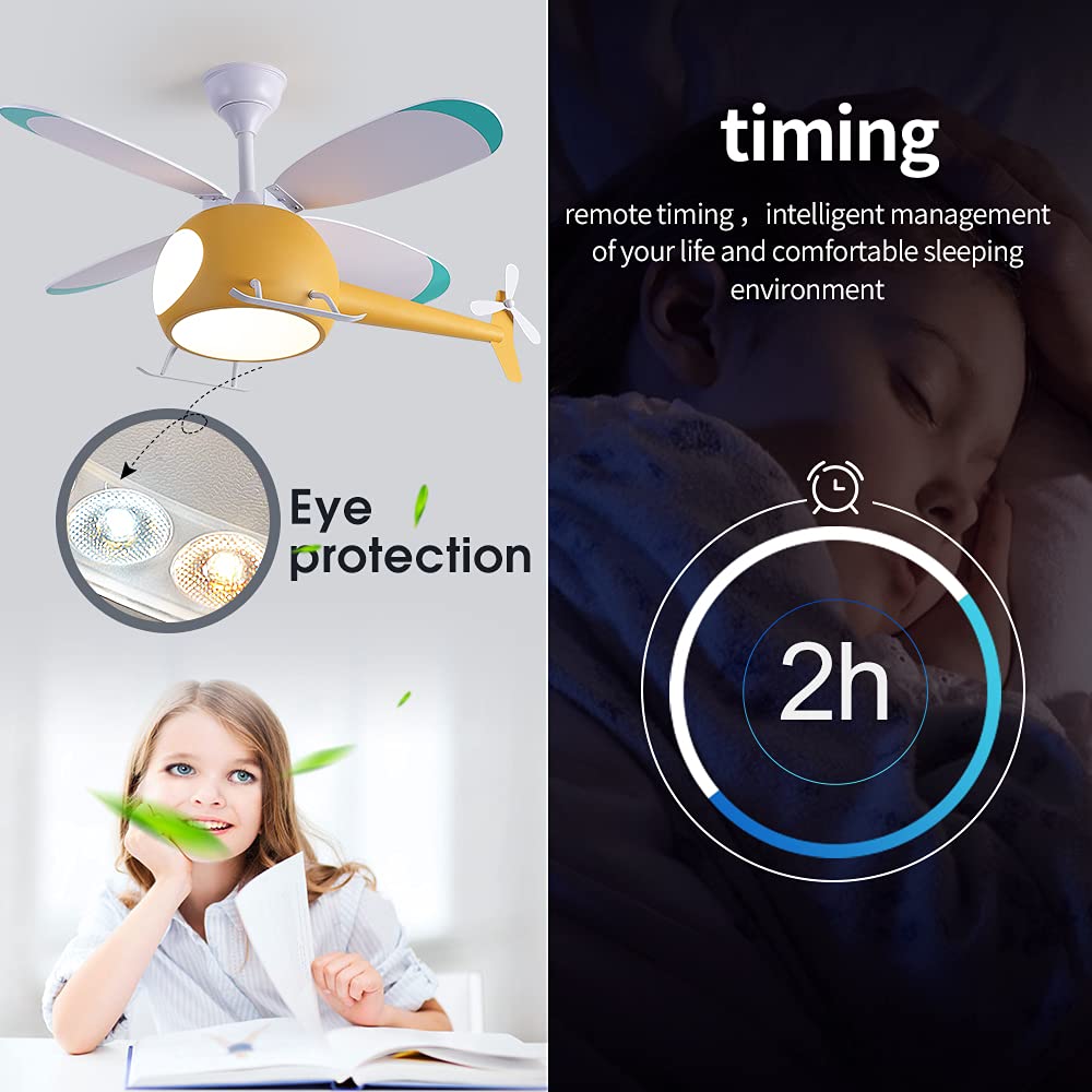 42 Inch Kids Helicopter Ceiling Fan with Remote Control & LED Lights - Cartoon Bedroom Fan for Boys & Girls - Perfect for Children's Room, Nursery, Playroom (Yellow)