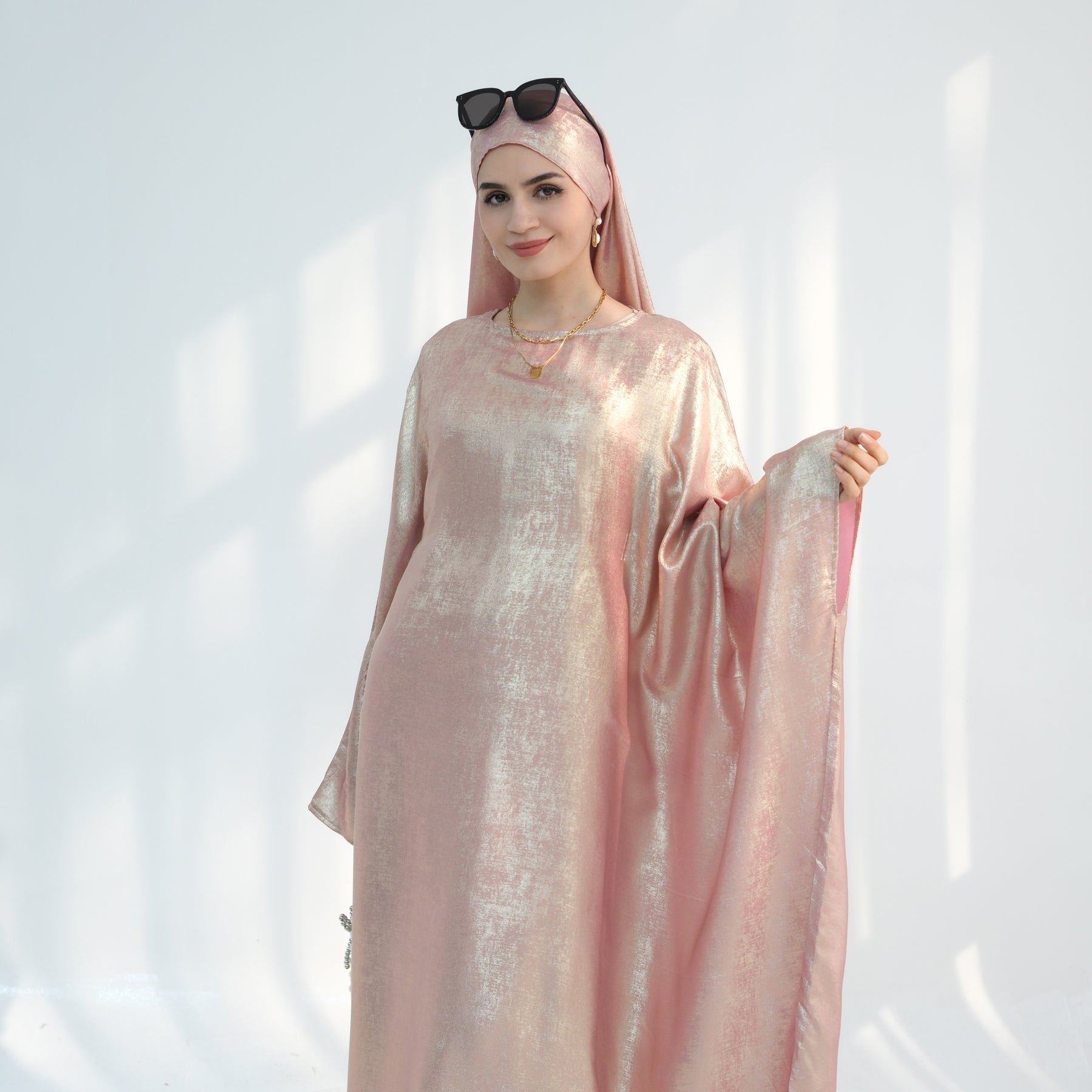Linora Shimmer Butterfly Abaya Peach - Elegant Islamic Prayer Dress for Women | Perfect for Eid, Ramadan & Special Occasions