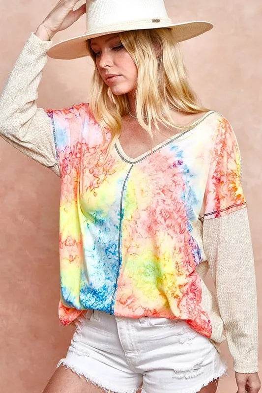 Bibi Print Block V Neck Top with Contrast Stitching in Tie Dye - Stylish Casual Women's Blouse for Summer Outfits, Beach Wear, and Boho Fashion