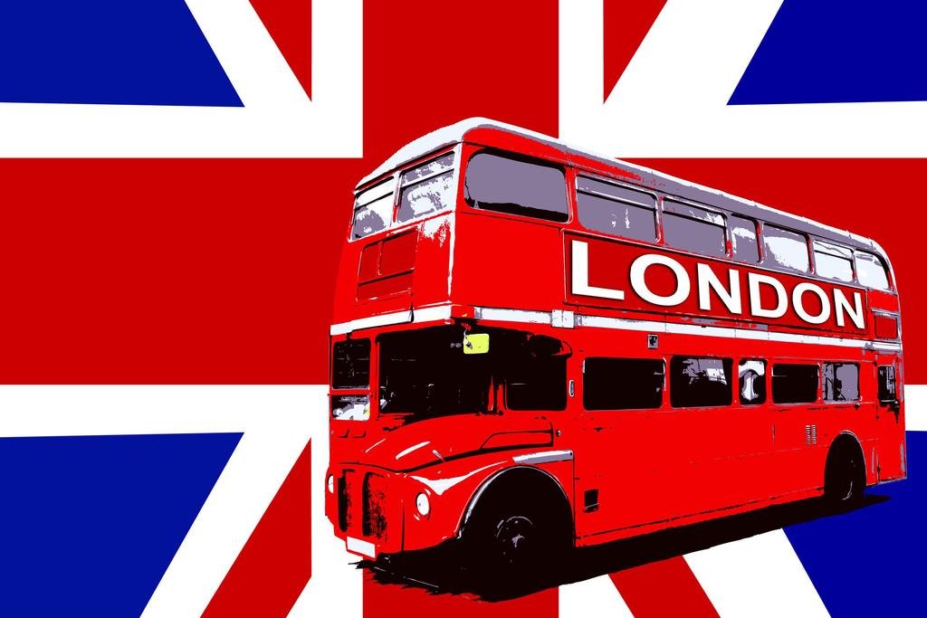 Laminated UK Flag Poster with London Bus - British Culture Art Print 12x18 - Dry Erase Wall Art for Home, Office & Classroom Decor