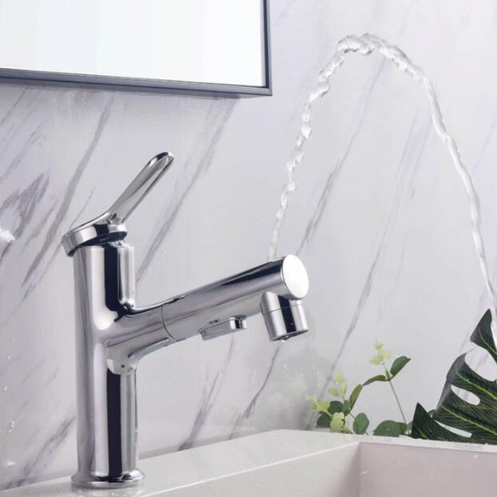 **Pull-Out Spray Basin Mixer Faucet - Chrome Finish, Brass Construction, Telescoping Design for Bathroom Sink | Perfect for Modern Bathrooms, Kitchenettes & RV Sinks**