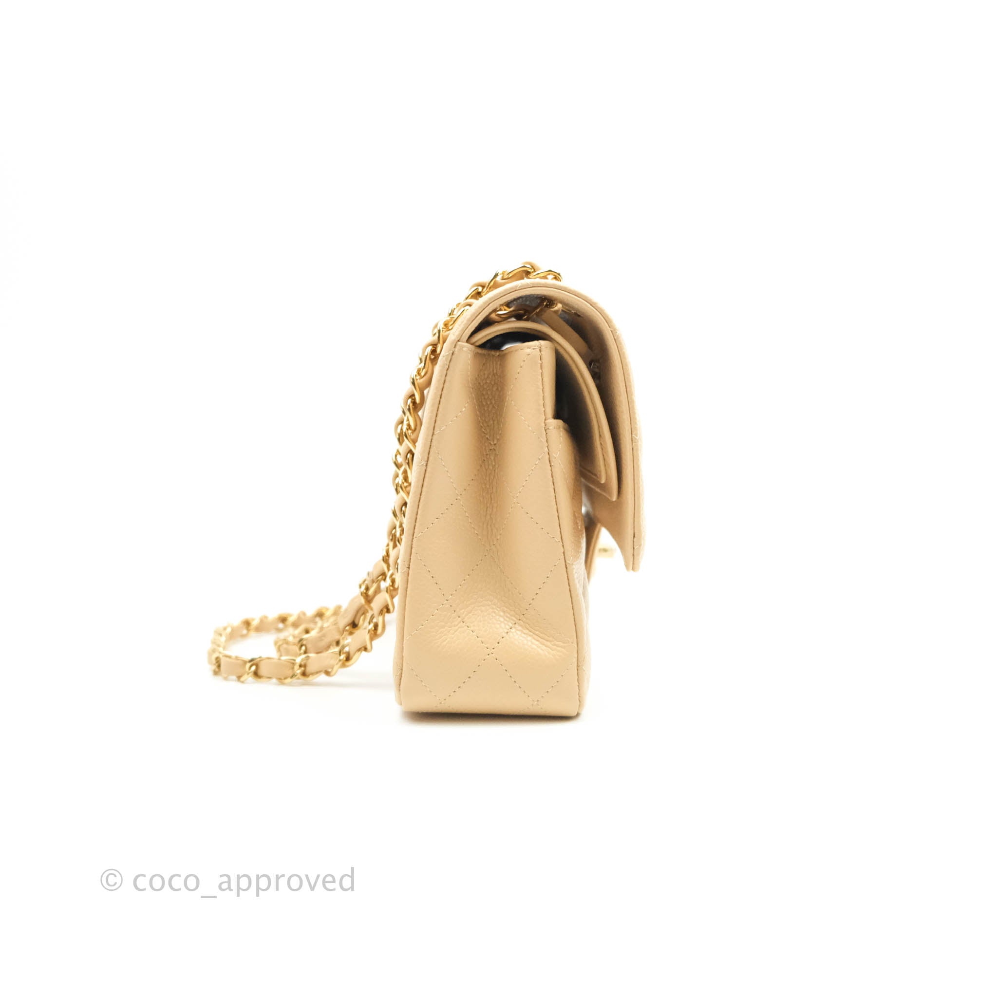Chanel Classic Medium Double Flap Bag in Beige Caviar Leather with Gold Hardware - Luxury Designer Handbag for Women, Perfect for Work, Evening Events & Special Occasions