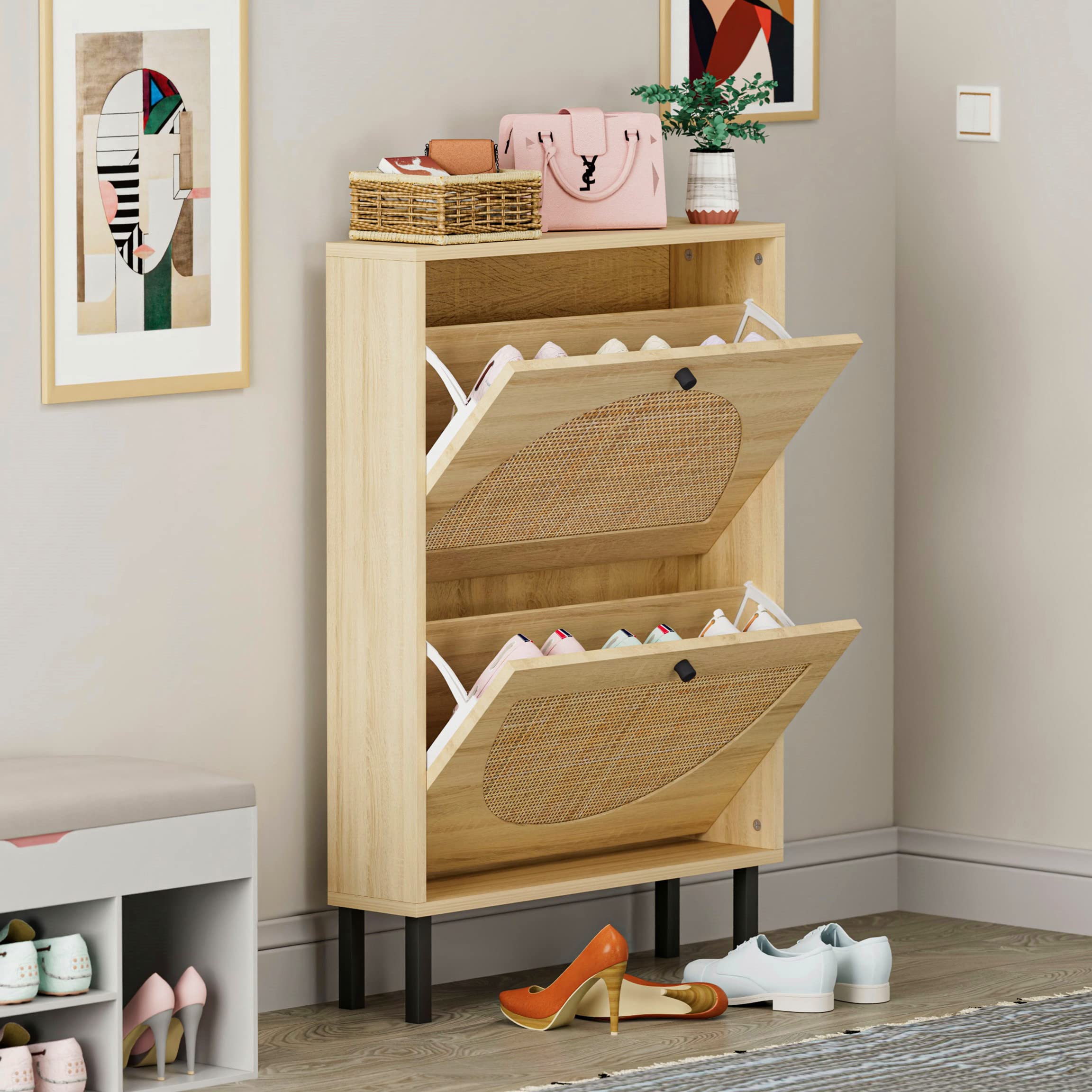 SSLine Rustic Wood Shoe Cabinet with 2 Flip-Down Storage Shelves - Free-Standing Shoe Rack Organizer with Unique Rattan Decor for Entryway, Hallway, or Doorway (Natural) - Perfect for Small Spaces & Home Organization