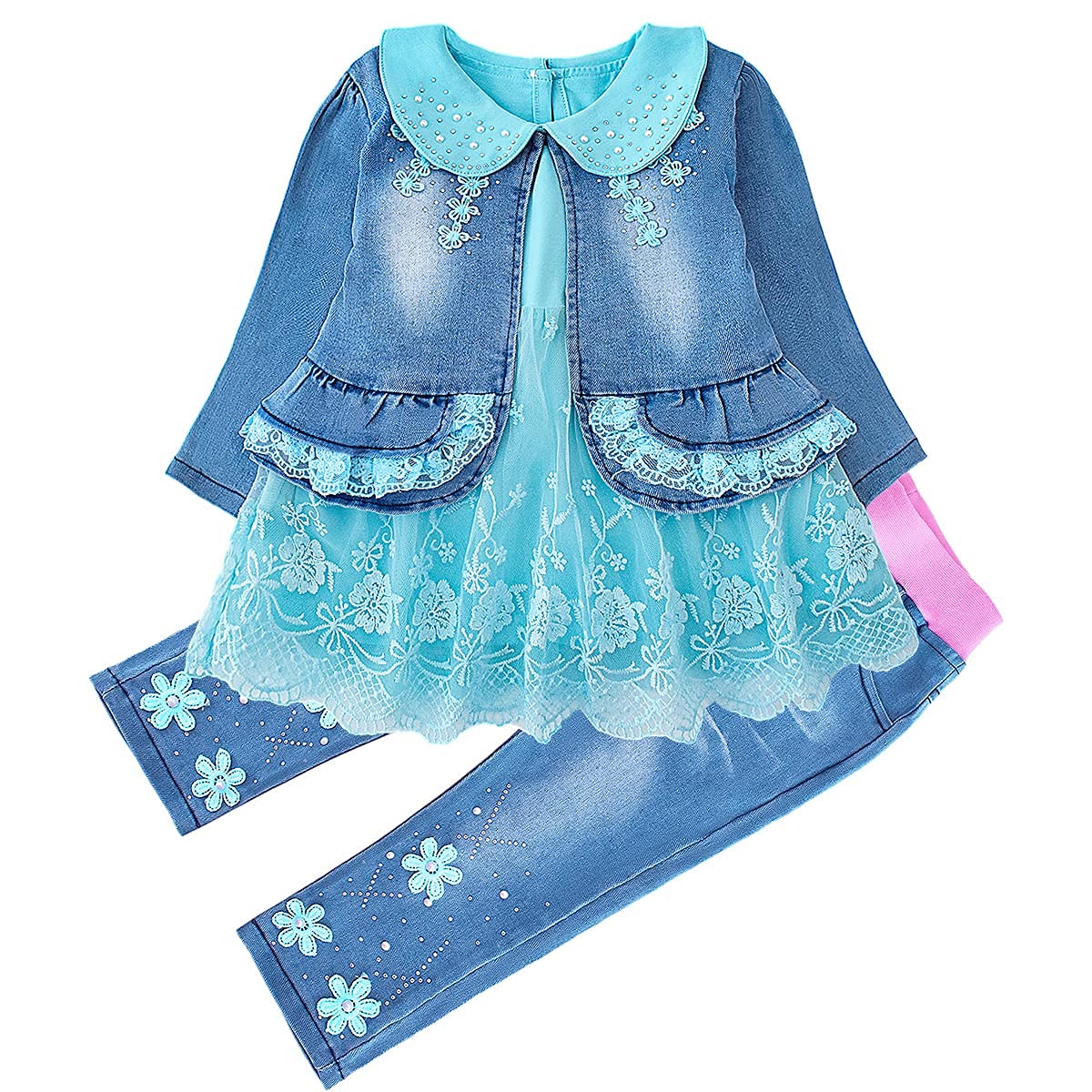 3-Piece Baby Girls Spring & Fall Outfit Set - Long Sleeve T-Shirt, Denim Jacket & Jeans | Cute Toddler Clothes for Playdates & Family Photos