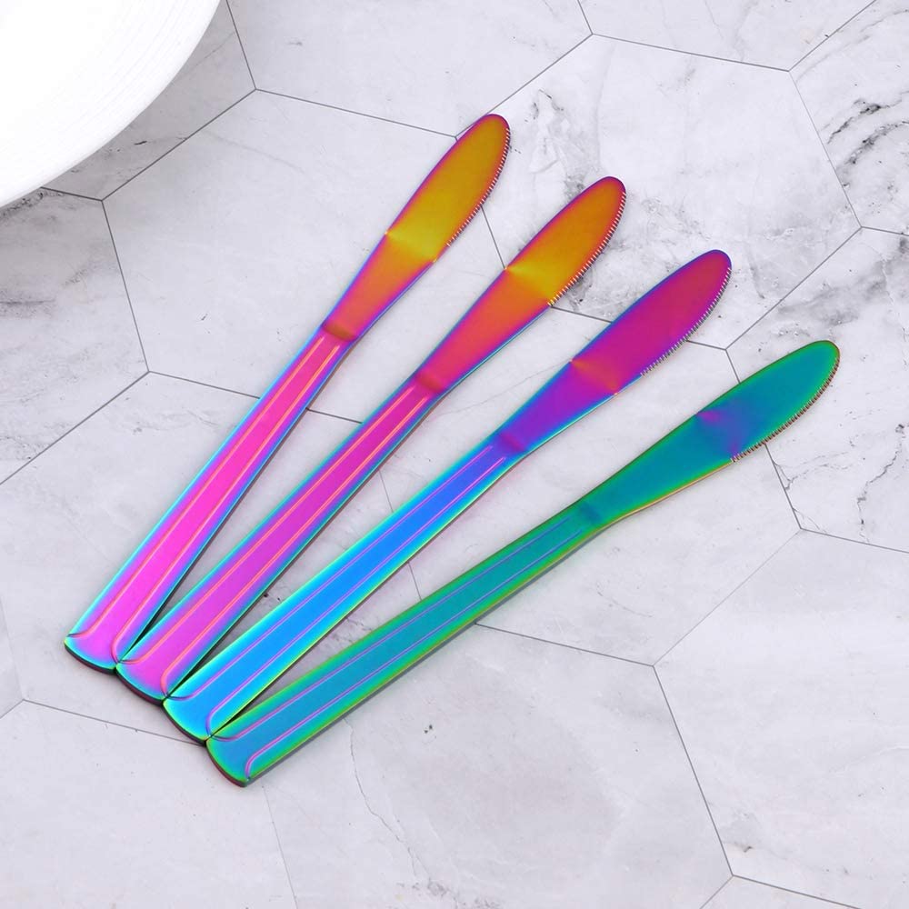 Rainbow Stainless Steel Dinner Knives Set of 12 - Titanium Coated Butter & Steak Knives with Elegant Line Design for Daily Use, Catering, Restaurants & Weddings - Perfect for Fine Dining, Home Entertaining & Professional Kitchen Service