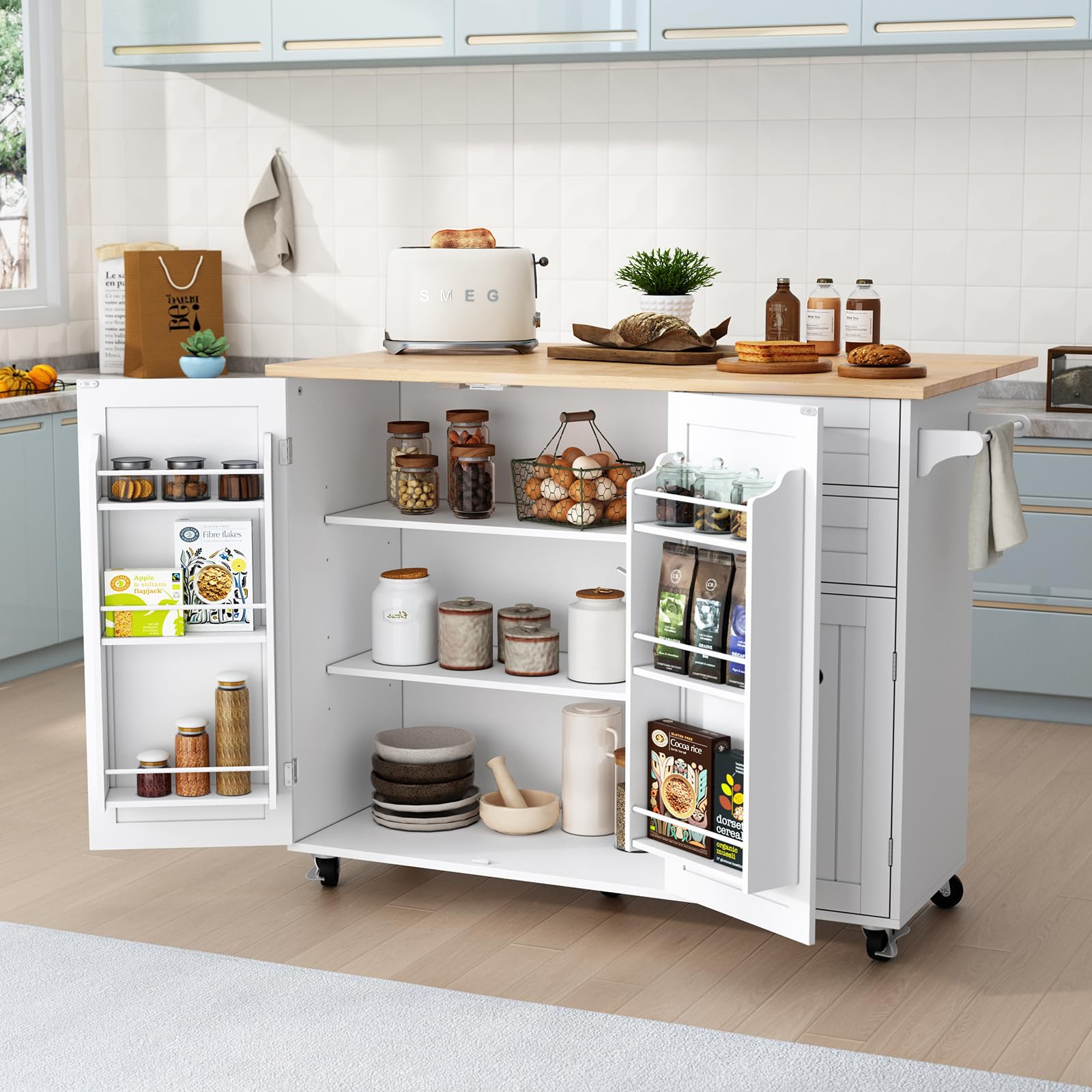 HLR Mobile Kitchen Island with Storage - Rolling Cart with Drop-Leaf Breakfast Bar, Spice Rack & Tower Shelves - Perfect for Small Kitchens, Apartments & Entertaining