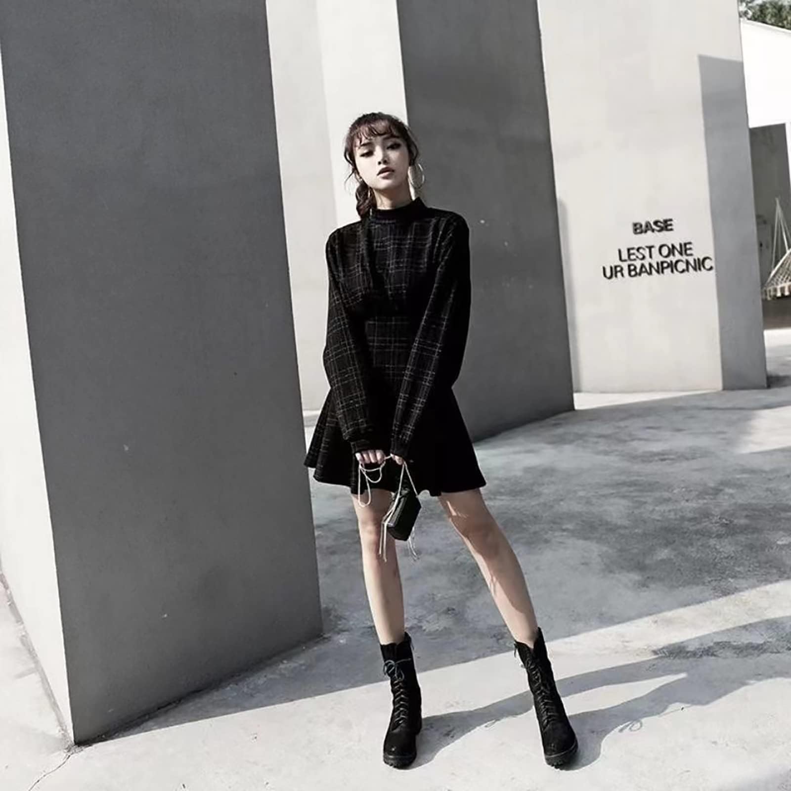 Gothic Plaid Mini Dress - Black Long Sleeve Emo Style Dress for Women | Perfect for Halloween, Concerts & Alternative Fashion