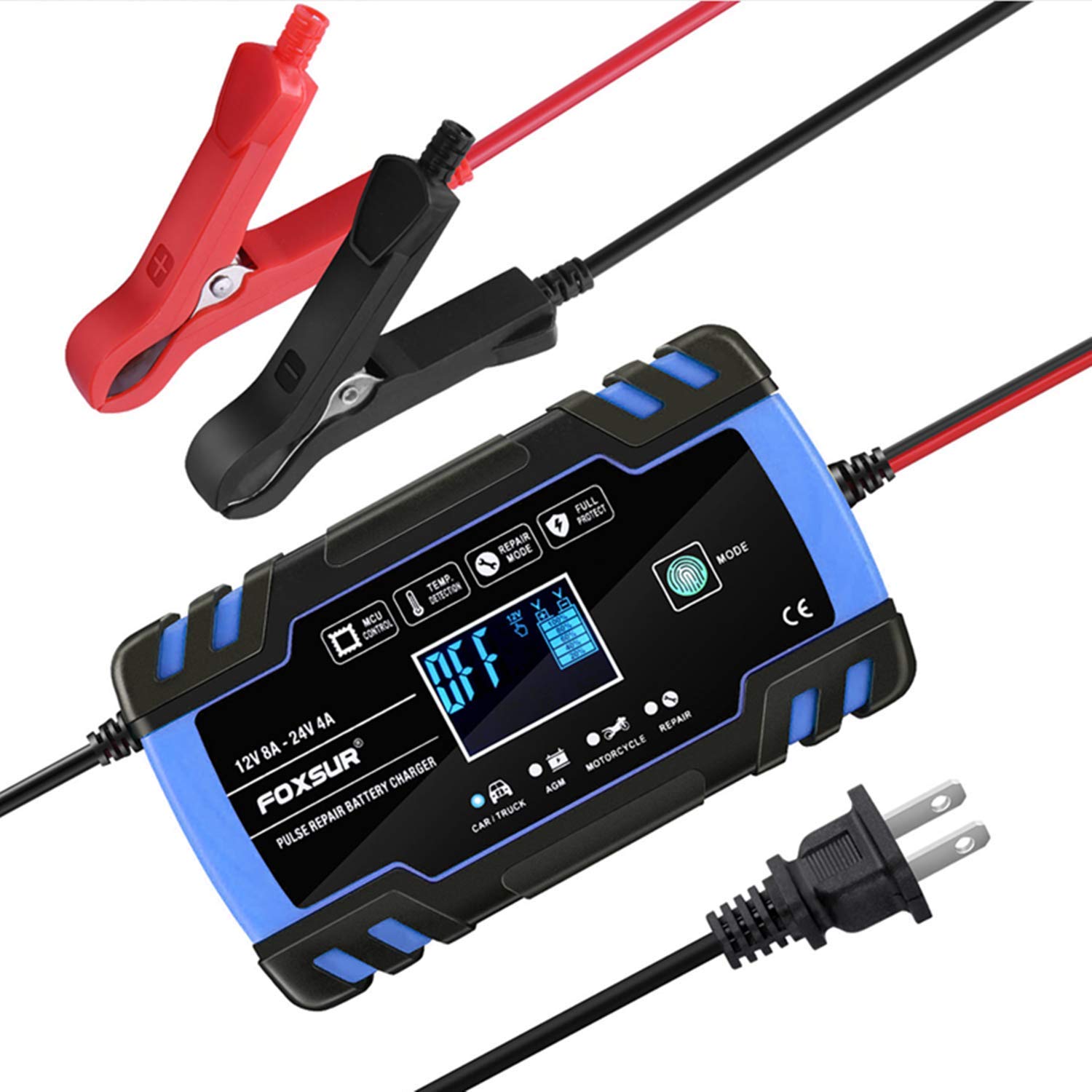 12V/24V 8A Smart Car Battery Charger with LCD - for Cars, Boats, RVs