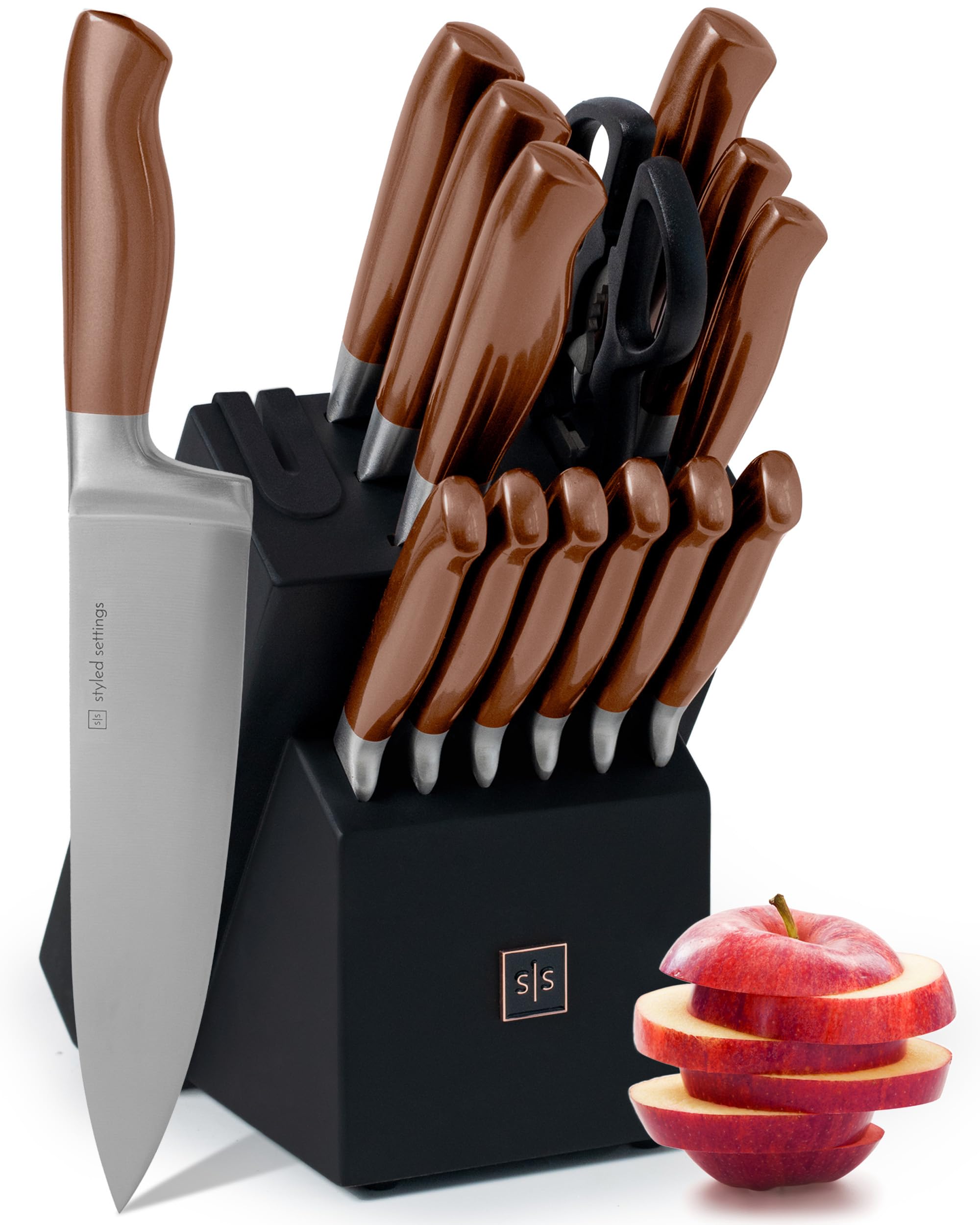 Premium 14-Piece Rose Gold Copper Knife Set with Black Knife Block & Built-In Sharpener - Professional Kitchen Knives for Cooking, Slicing & Food Prep - Perfect Gift for Chefs & Home Cooks (Ideal for Holiday Dinners, BBQ Parties & Everyday Meal Preparation)