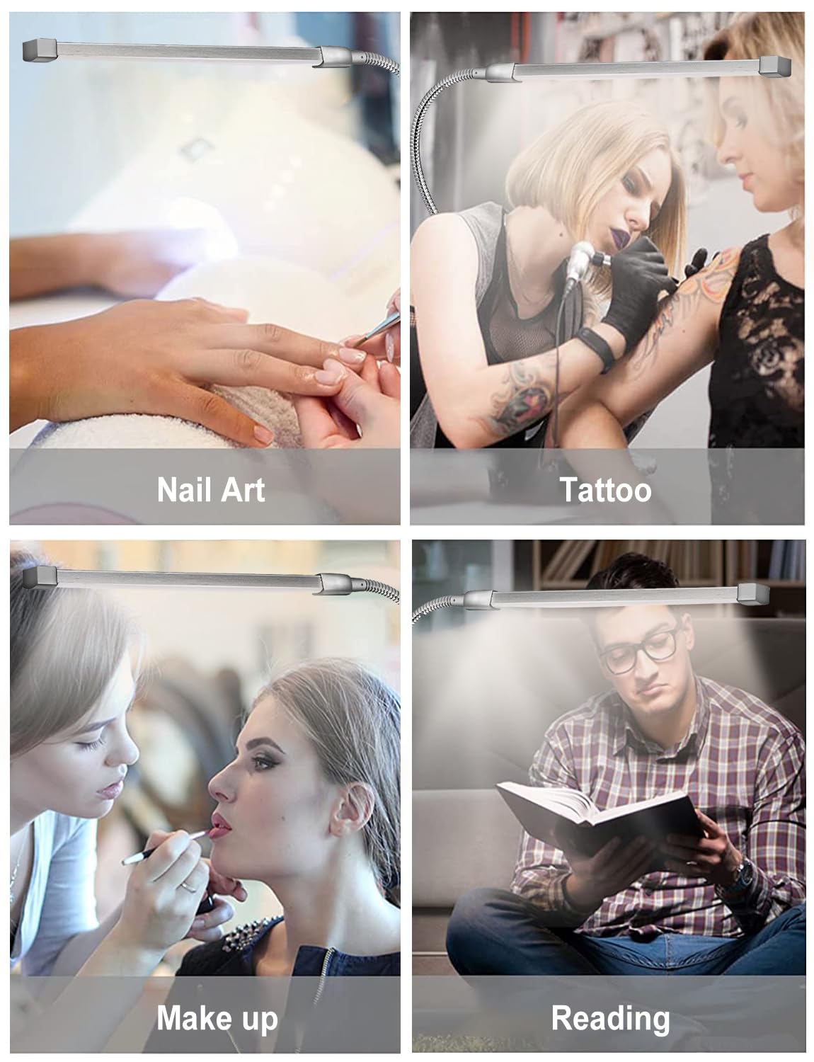 Professional LED Nail Desk Lamp with Adjustable Clamp - 3 Color Modes & 10 Brightness Levels, Flexible Gooseneck Manicure Light for Tattoo Artists, Makeup, Sewing, Crafts & Nail Technicians - Perfect for Salon, Home & Professional Use (Silver)