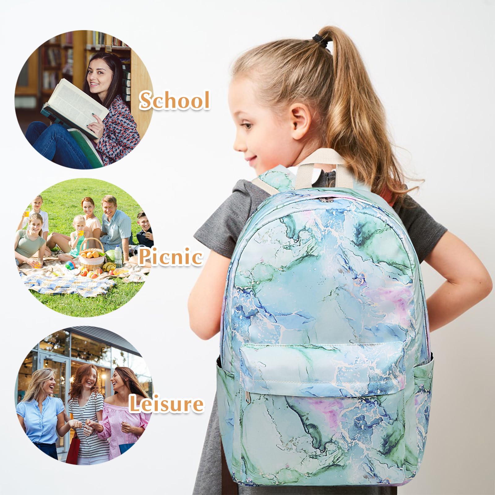 Waterproof School Backpack for Teen Girls & Women - Stylish Bookbag with Lunch Bag (Marble Purple/Blue/Green) | Perfect for High School, College, Travel & Daily Use