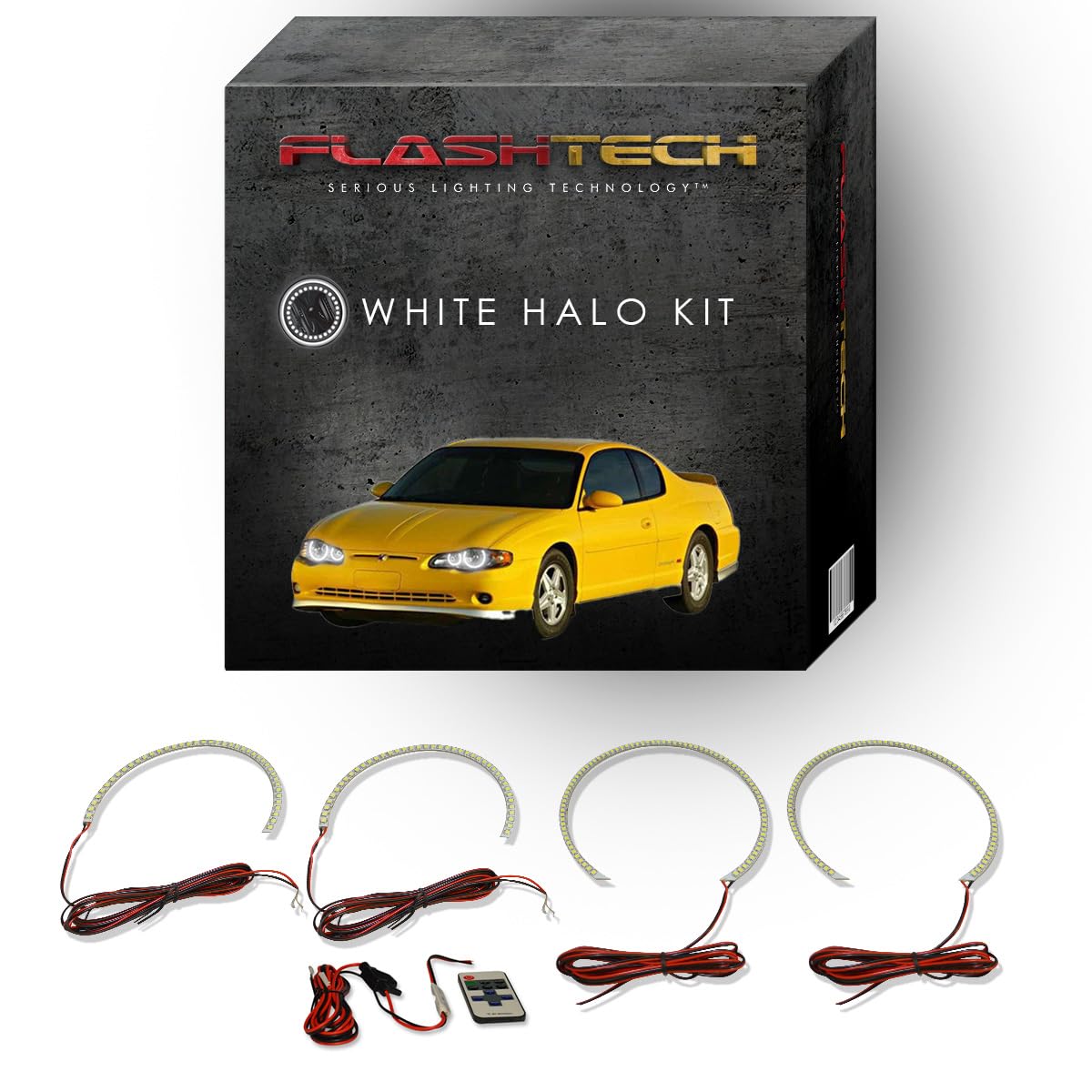 Flashtech Xenon Brightest White LED Halo Ring Headlight Kit with Wireless RF Remote - Compatible with 2000-2005 Chevrolet Monte Carlo - Upgrade for Night Driving & Car Customization