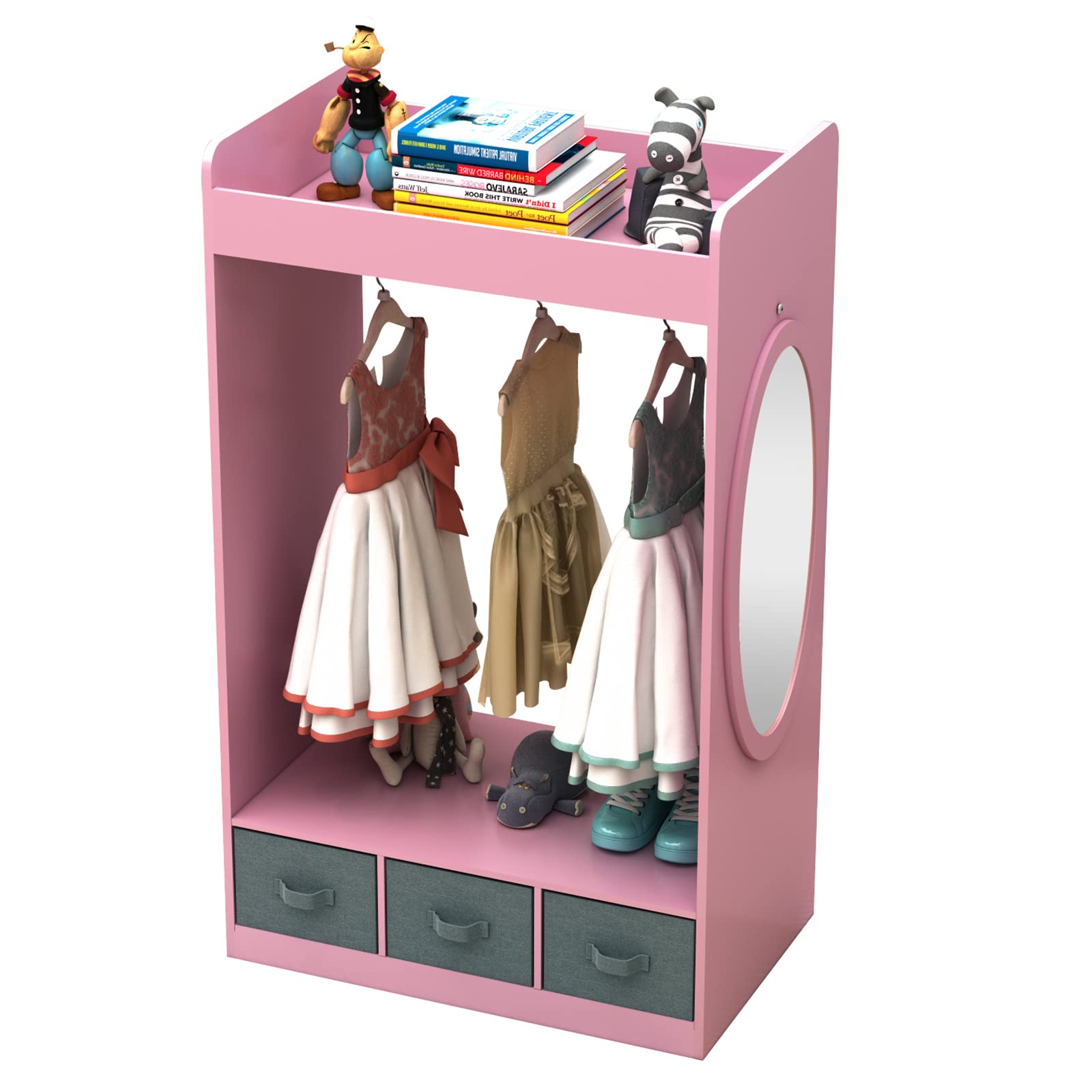 Kids Dress Up Storage Closet with Mirror - Pink Hanging Armoire for Costume Organization | Perfect for Pretend Play, Bedroom Decor & Toy Storage
