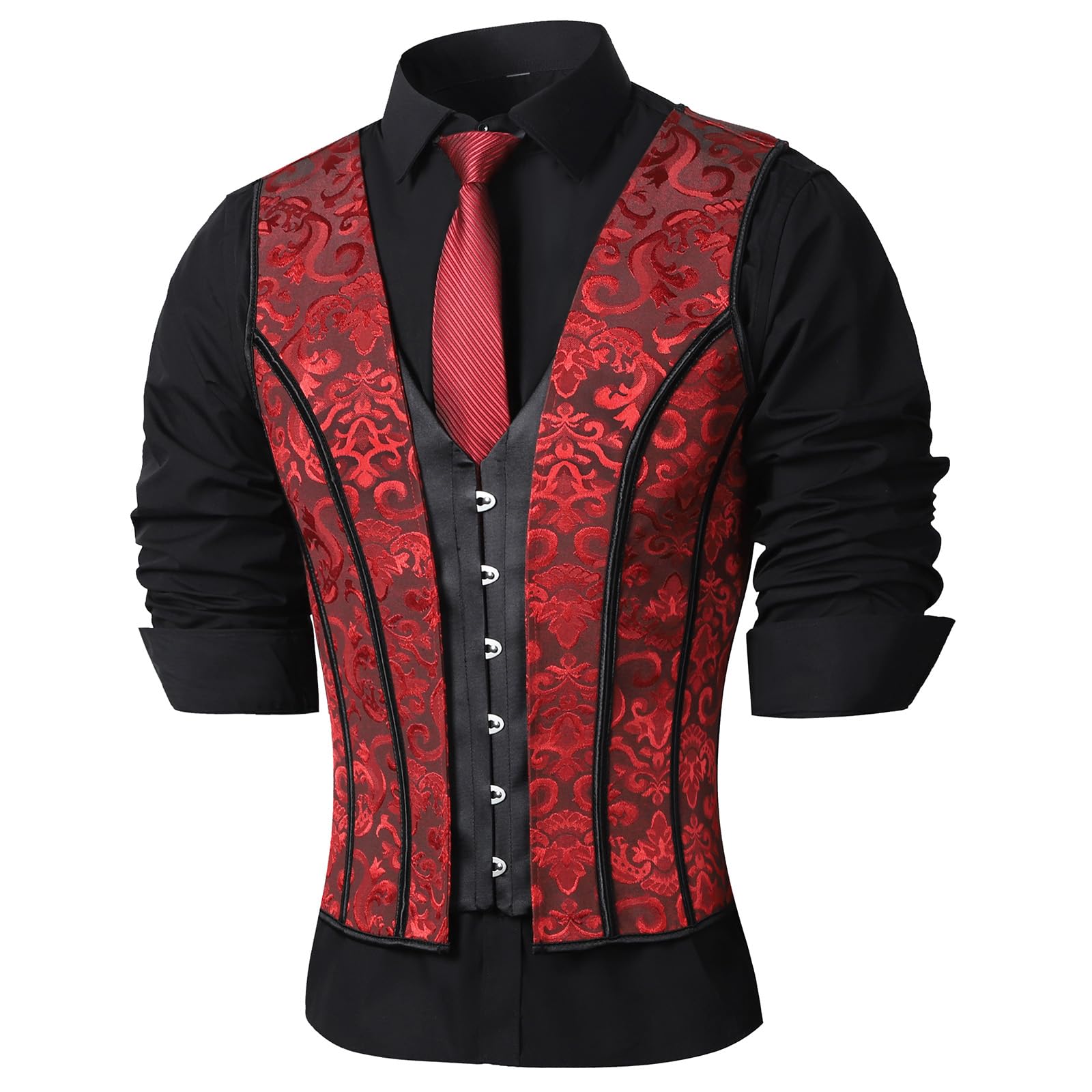 Men's Corset Vest Waist Trainer - Red Print Medieval Waistcoat with Lace Up Bones, Formal Tops for Wedding & Stage Performances | Slimming Body Shaper for Costume Parties, Renaissance Fairs & Gothic Fashion
