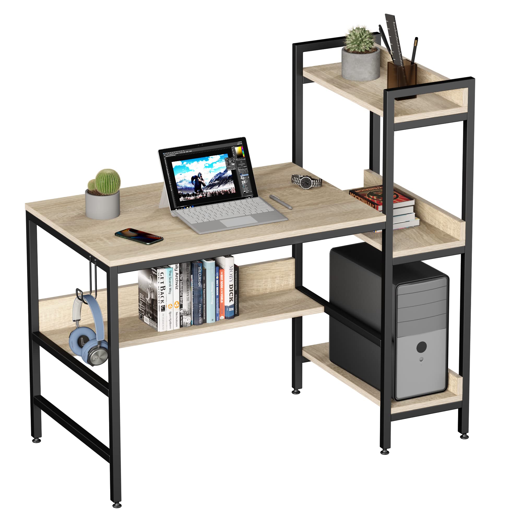 Bestier Computer Office Desk with Steel Frame - Reversible Bookshelves, Headphone Hook & Adjustable Feet - Spacious Under Desk Storage - Oak Wood Home Office Desk for Work, Study & Gaming