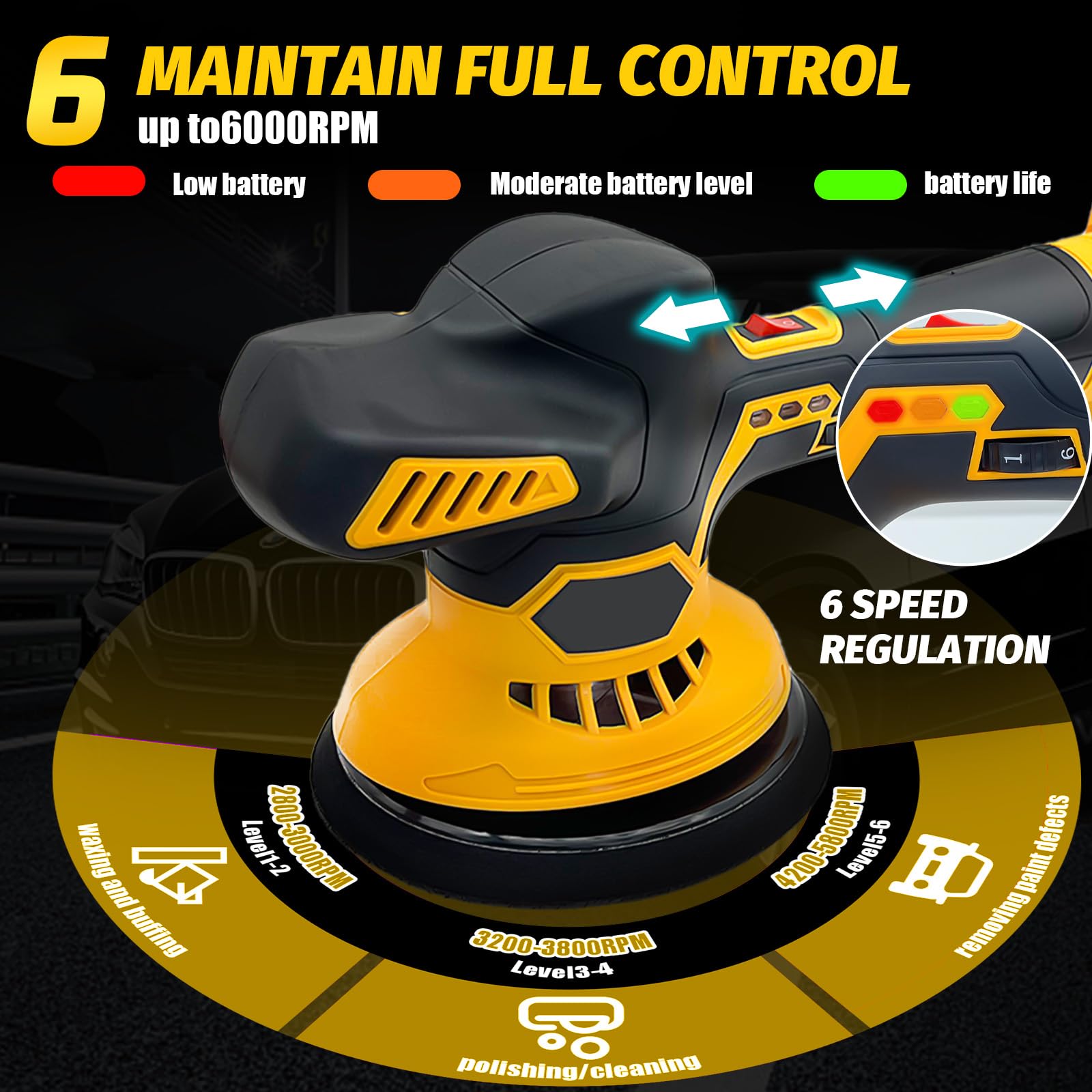 **20V Cordless Car Buffer Polisher for Dewalt Battery - 6 Speed Adjustable Up to 6000RPM - Perfect for Car Detailing, Polishing & Waxing (Battery Not Included) - Ideal for DIY Auto Care & Professional Detailing**