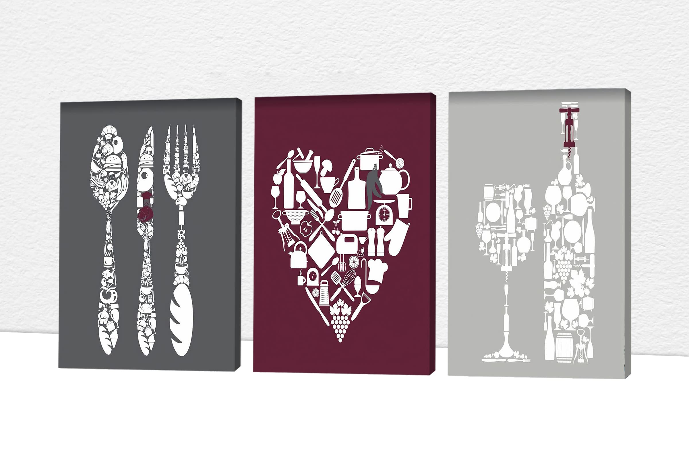 3-Piece Vintage Kitchen Wall Art Set - Knives, Forks & Wine Glasses Canvas Prints (24