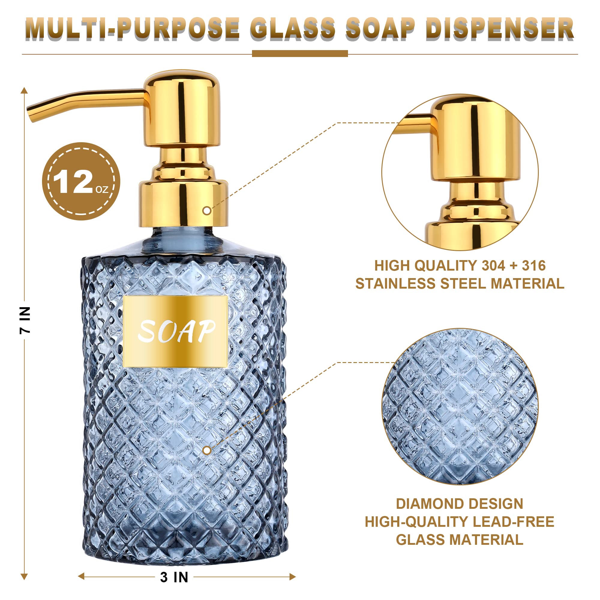 12OZ Diamond Glass Soap Dispenser with Gold 304 Stainless Steel - Elegant Bathroom & Kitchen Liquid Dispenser for Hand Soap, Shower Gel, Dish Soap, Lotion & More (Blue) - Perfect for Home, Office & Spa Decor