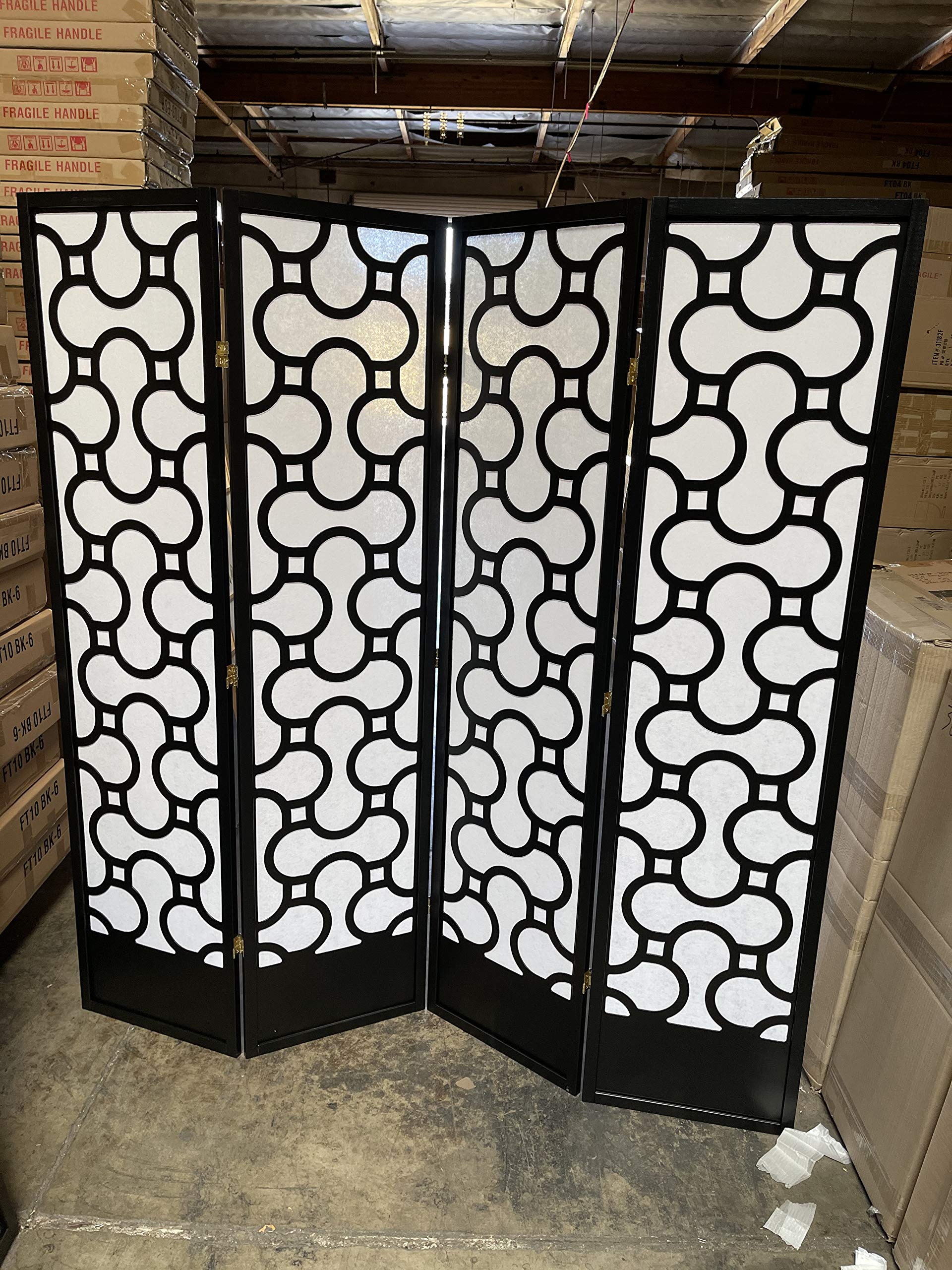 KINYAKU Modern Square Room Divider Screen - 3 to 10 Panel Folding Privacy Partition (Black, 4 Panels) for Home Office, Living Room & Bedroom Separation